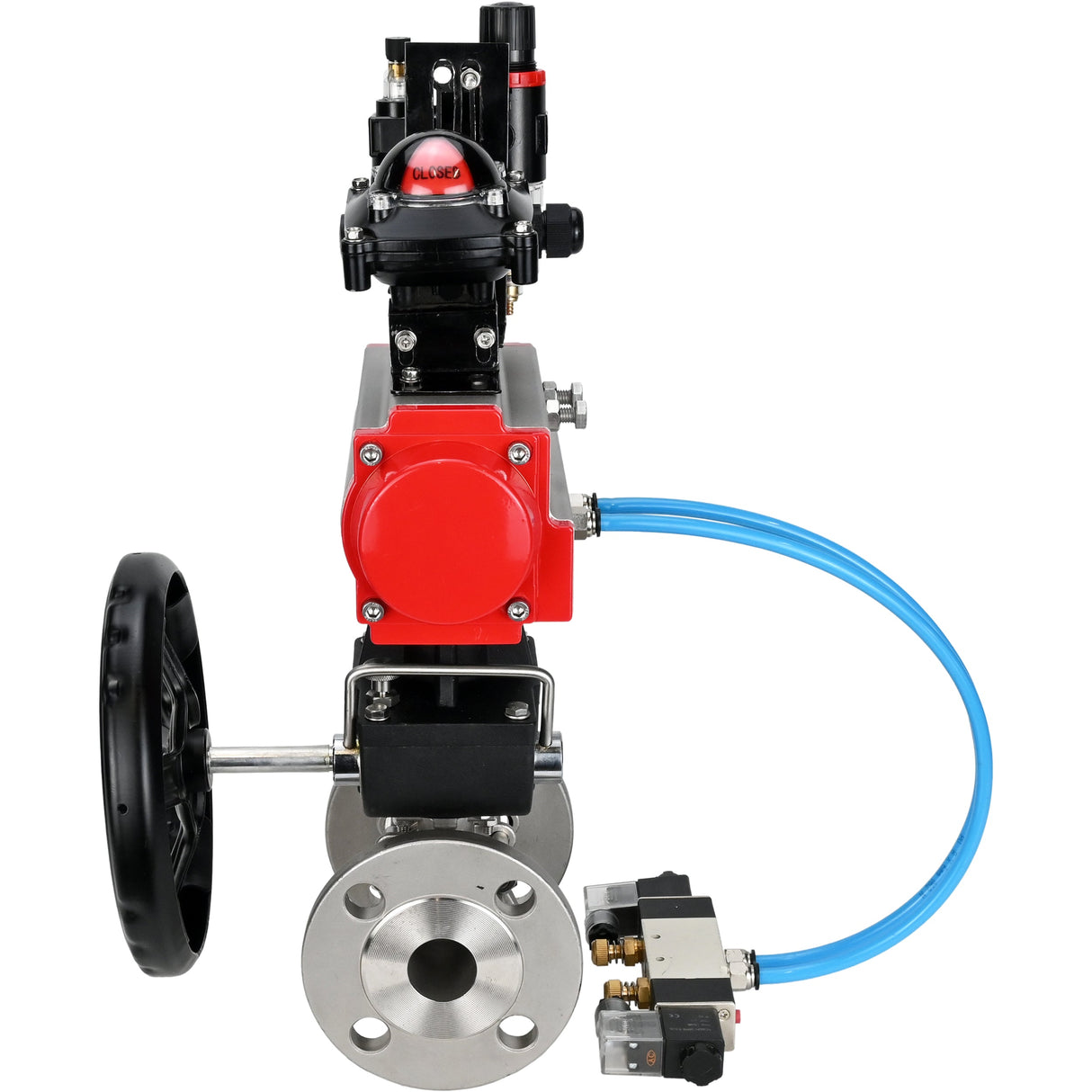 Ball valves Elephant BV3232P(3pc)-FP-F-ISO-H DN15-40 16 bar, three-piece full bore flanged, stainless steel SS304, PTFE, with pneumatic drive PA-DA, with pneumatic distributor 4V320-08 220V, with LSU APL-210N, manual Doubler MON1-250-T26-ISO, with ATU AFC