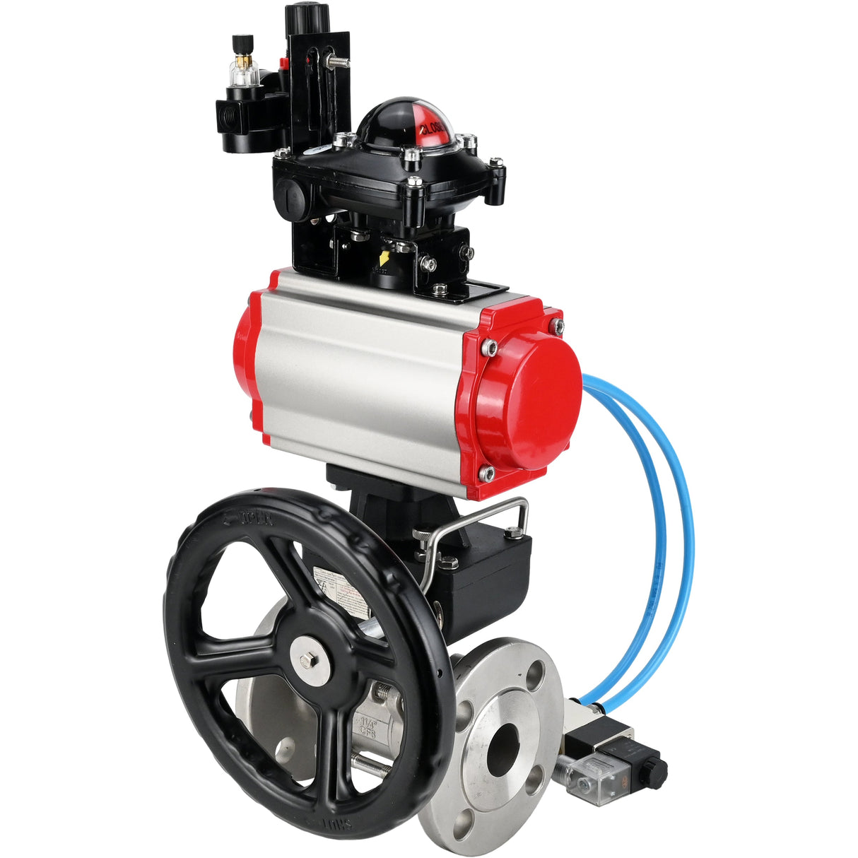 Ball valves Elephant BV3232P(3pc)-FP-F-ISO-H, body material - Stainless steel AISI 316, seal - PTFE / PTFE / Teflon, with pneumatic actuator double action PA-DA, 4V320-10 220V, LSU APL-210N, handwheel MON, ATU AFC2000