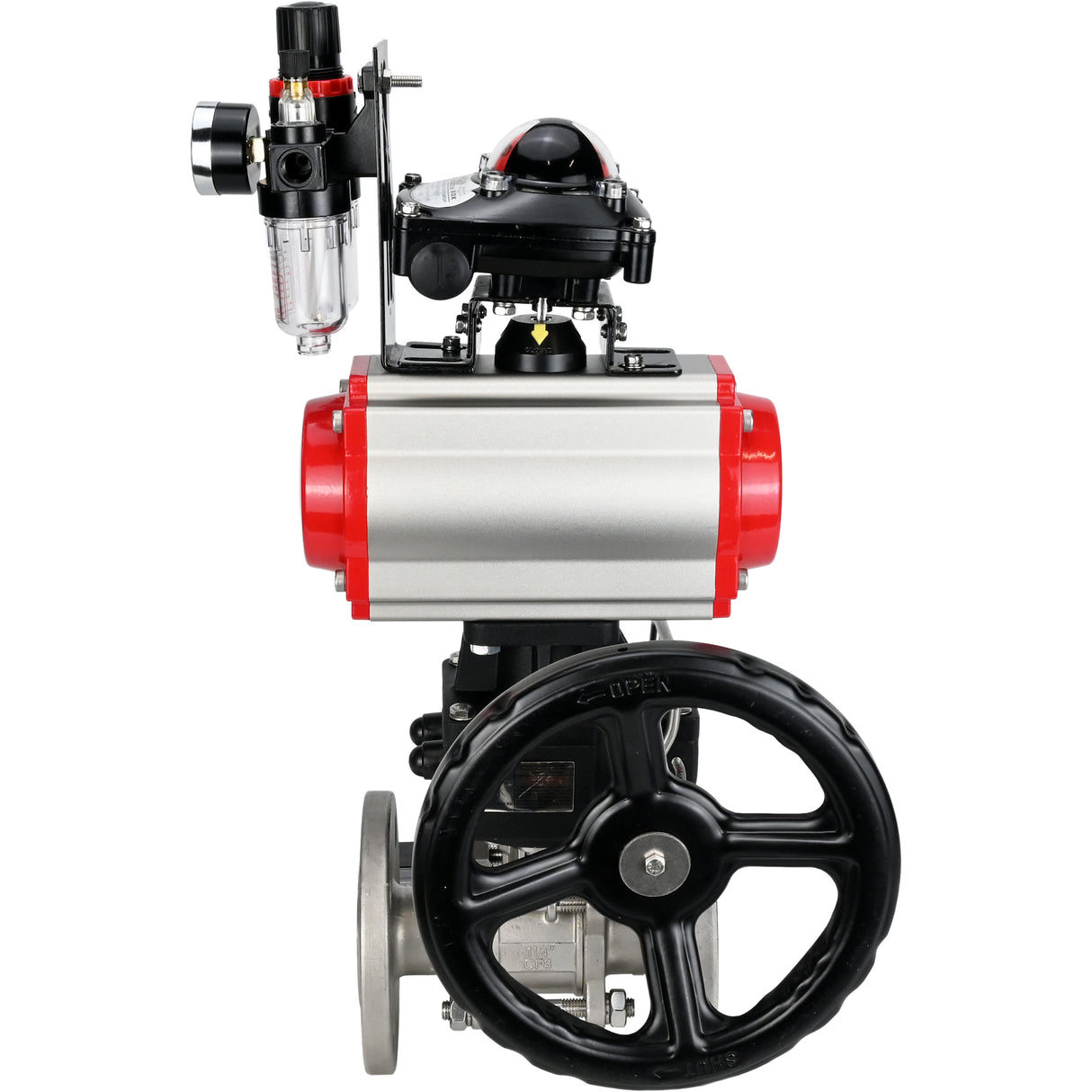 Ball valves Elephant BV3131P(3pc)-FP-F-ISO-H,  body material - Stainless steel AISI 304, seal - PTFE / PTFE / Teflon, with pneumatic actuator double action PA-DA, 4V320-10 220V, LSU APL-210N, handwheel MON, ATU AFC2000