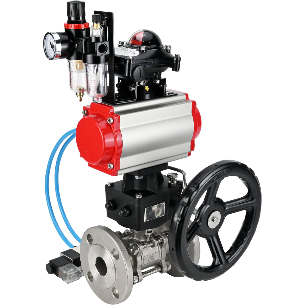 Ball valves Elephant BV3232P(3pc)-FP-F-ISO-H DN15-40 16 bar, three-piece full bore flanged, stainless steel SS304, PTFE, with pneumatic drive PA-DA, with pneumatic distributor 4V320-08 220V, with LSU APL-210N, manual Doubler MON1-250-T26-ISO, with ATU AFC