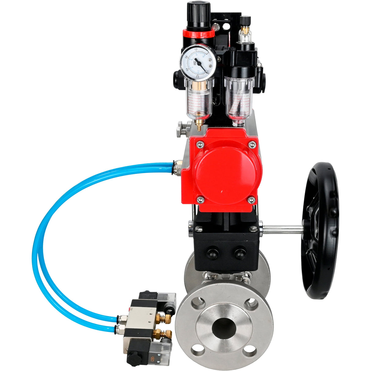 Ball valves Elephant BV3232P(3pc)-FP-F-ISO-H, body material - Stainless steel AISI 316, seal - PTFE / PTFE / Teflon, with pneumatic actuator double action PA-DA, 4V320-10 220V, LSU APL-210N, handwheel MON, ATU AFC2000