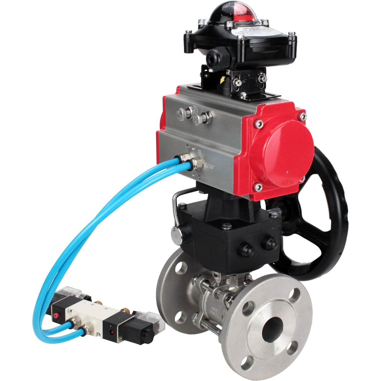 Ball valves Elephant BV3232P(3pc)-FP-F-ISO-H DN15-40 16 bar, three-piece full bore flanged, stainless steel SS304, PTFE, with double-acting PA-DA pneumatic actuator, with pneumatic distributor 4V320-08 220V, with LSU APL- 210N, manual Doubler MON1-250-T26