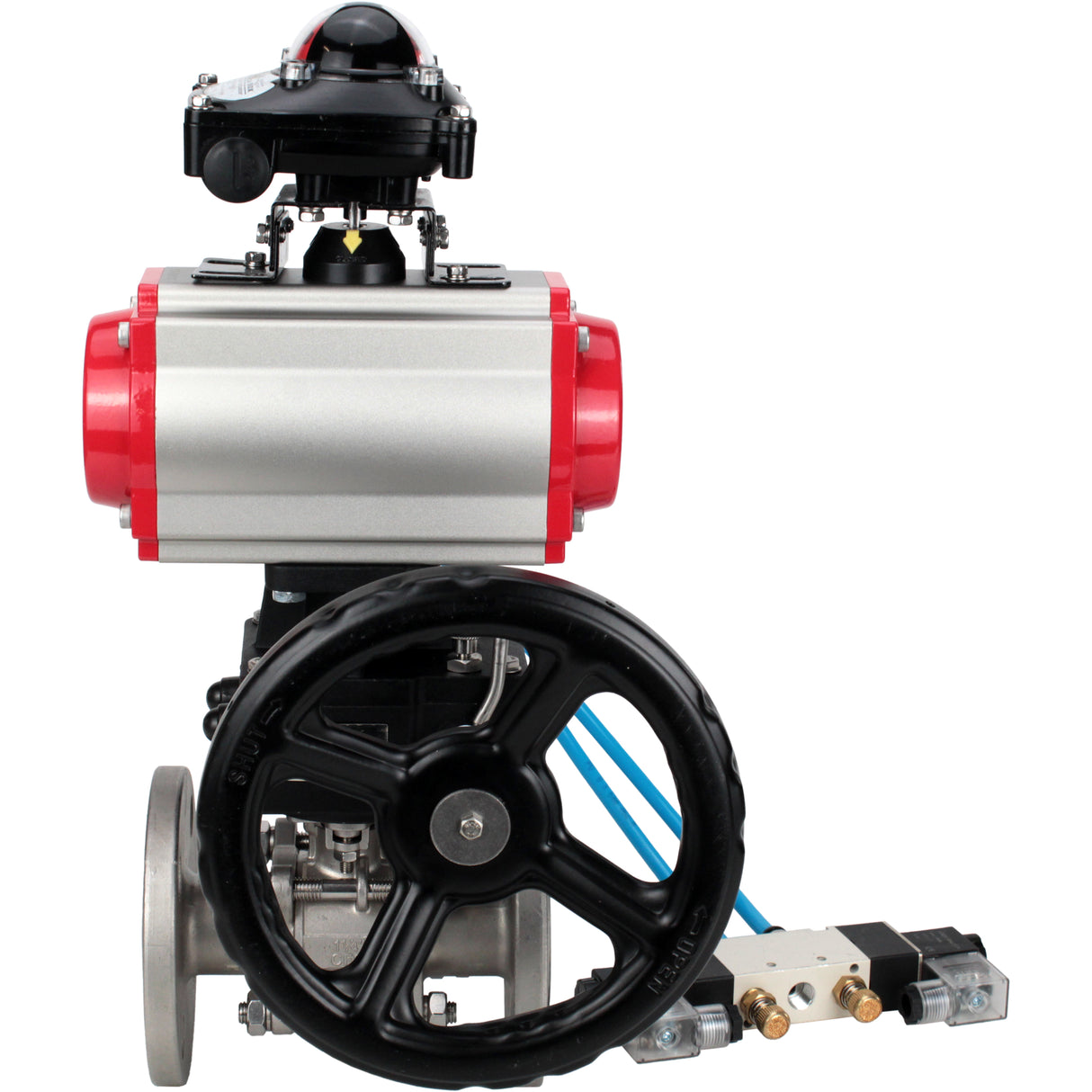 Ball valves Elephant BV3131P(3pc)-FP-F-ISO-H,  body material - Stainless steel AISI 304, seal - PTFE / PTFE / Teflon, with pneumatic actuator double action PA-DA, 4V320-10 220V, LSU APL-210N, handwheel MON