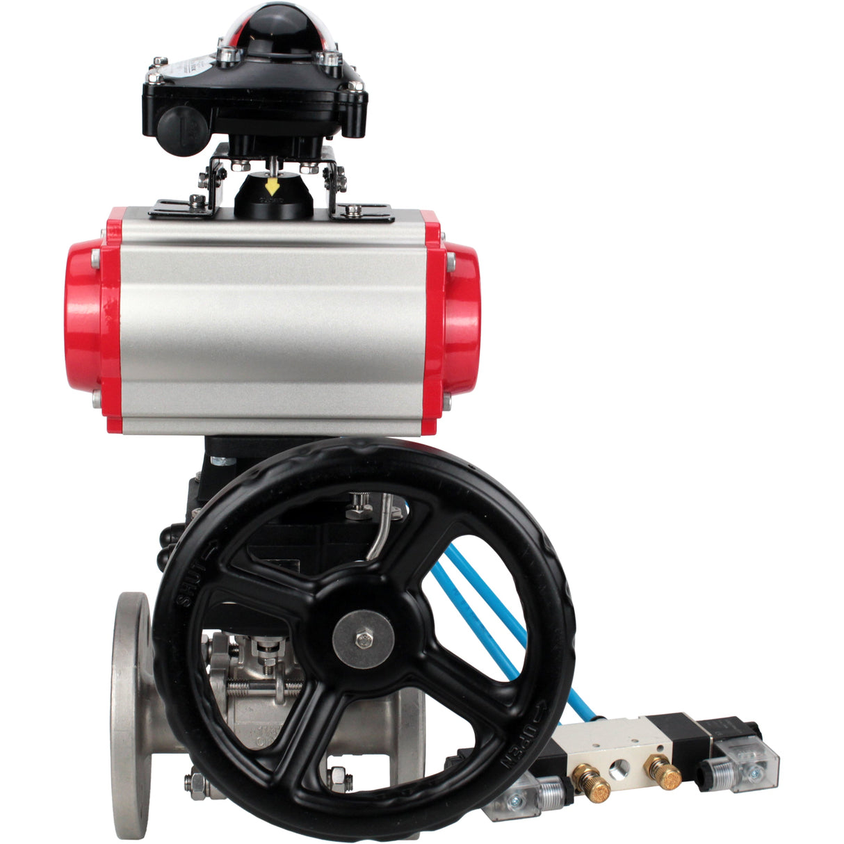 Ball valves Elephant BV3232P(3pc)-FP-F-ISO-H, body material - Stainless steel AISI 316, seal - PTFE / PTFE / Teflon, with pneumatic actuator double action PA-DA, 4V320-10 220V, LSU APL-210N, handwheel MON