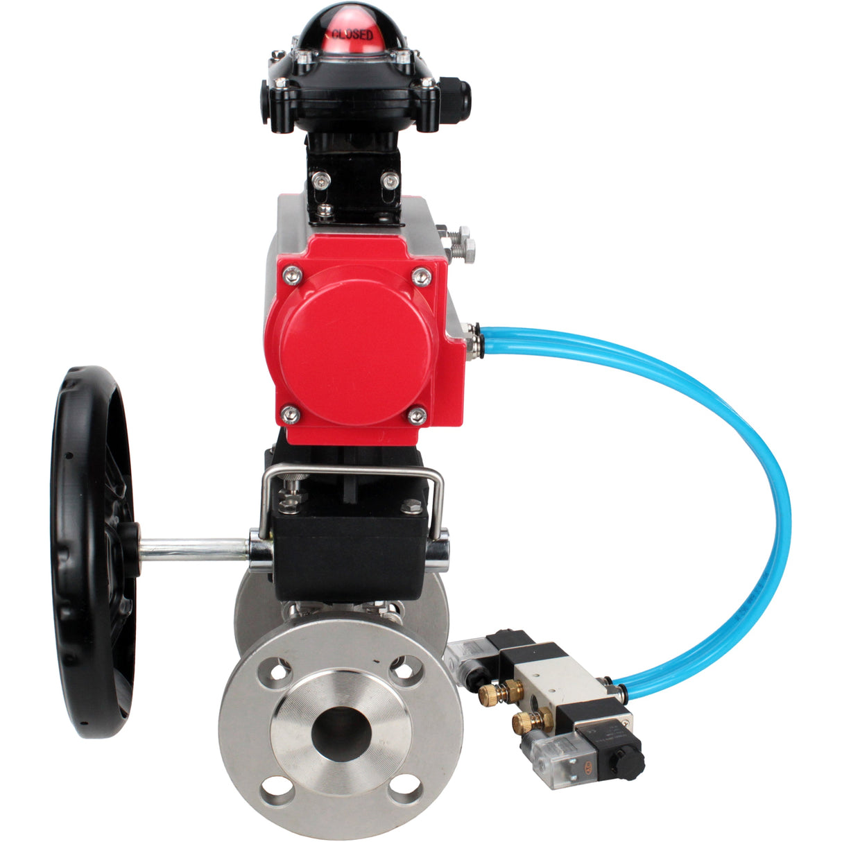 Ball valves Elephant BV3232P(3pc)-FP-F-ISO-H DN15-40 16 bar, three-piece full bore flanged, stainless steel SS304, PTFE, with double-acting PA-DA pneumatic actuator, with pneumatic distributor 4V320-08 220V, with LSU APL- 210N, manual Doubler MON1-250-T26