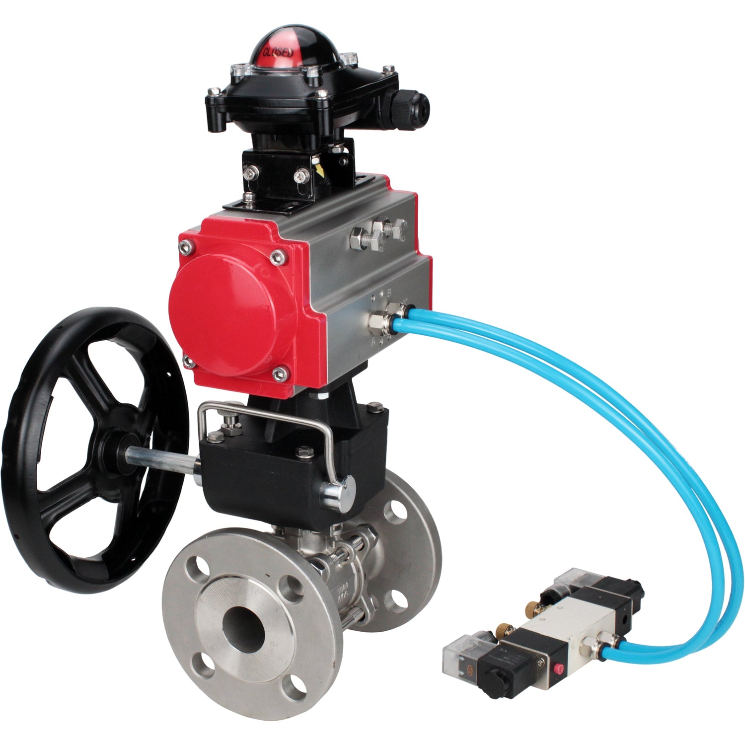 Ball valves Elephant BV3131P(3pc)-FP-F-ISO-H,  body material - Stainless steel AISI 304, seal - PTFE / PTFE / Teflon, with pneumatic actuator double action PA-DA, 4V320-10 220V, LSU APL-210N, handwheel MON