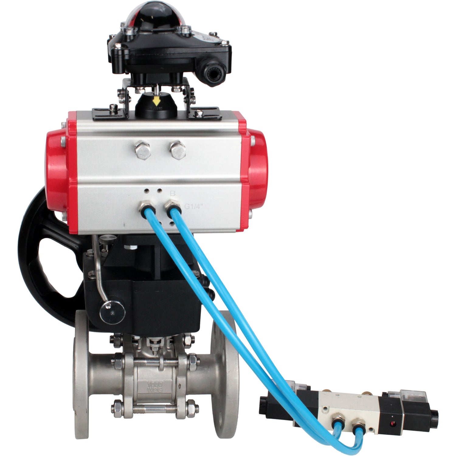 Ball valves Elephant BV3131P(3pc)-FP-F-ISO-H,  body material - Stainless steel AISI 304, seal - PTFE / PTFE / Teflon, with pneumatic actuator double action PA-DA, 4V320-10 220V, LSU APL-210N, handwheel MON