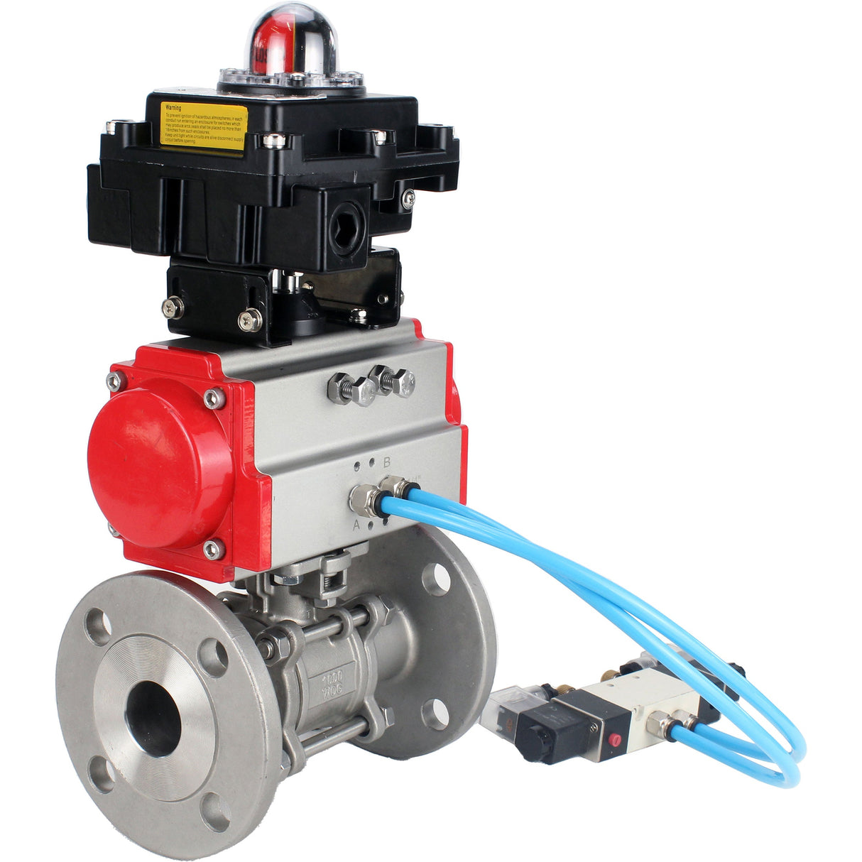 Ball valves Elephant BV3232P(3pc)-FP-F-ISO-H 16 bar, three-piece full bore flanged, stainless steel SS304, seal - PTFE, with double-acting PA-DA pneumatic actuator, with pneumatic distributor 4V320-08 220V, with LSU APL-410N EX