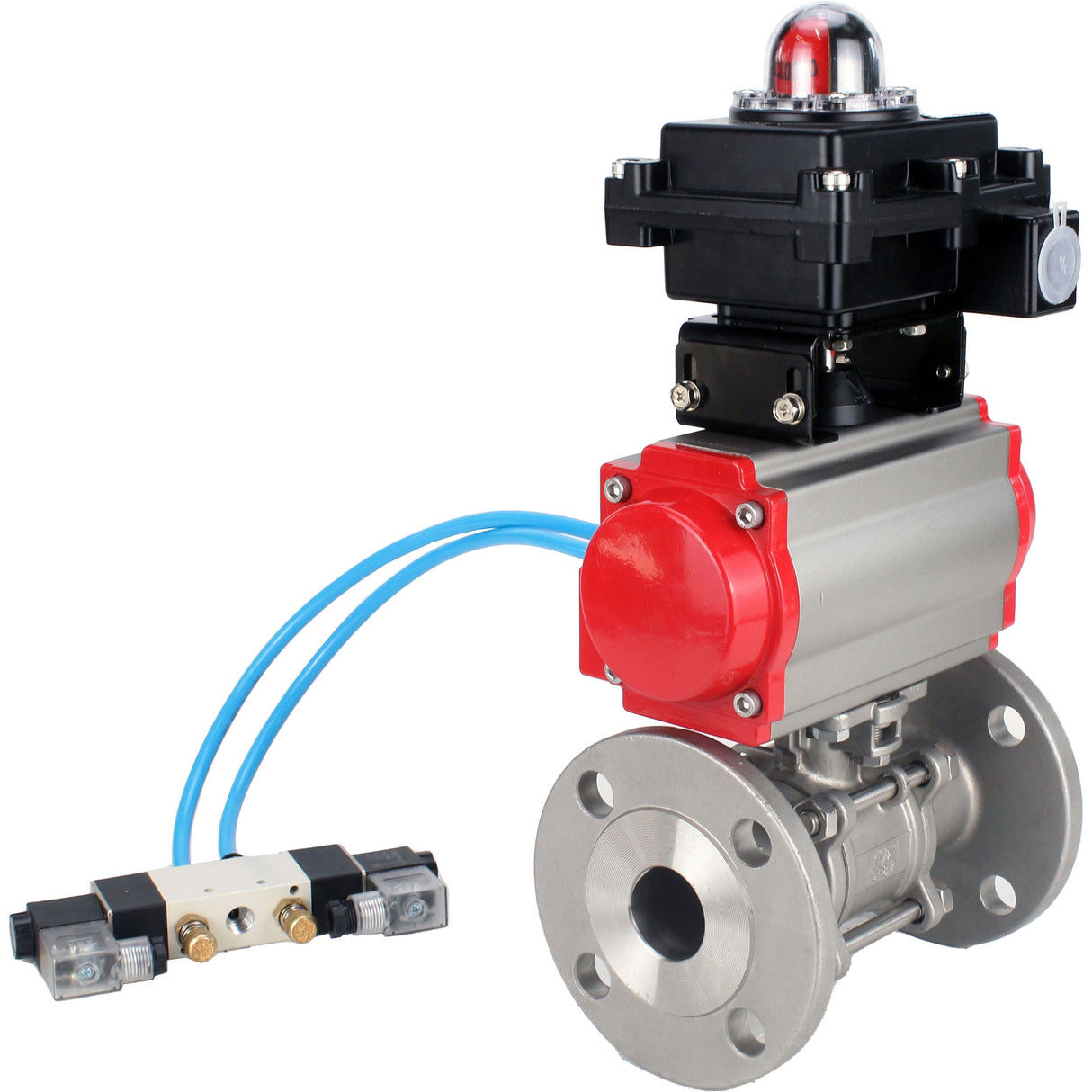 Ball valves Elephant BV3131P(3pc)-FP-F-ISO-H 16 bar, three-piece full bore flanged, stainless steel SS304, seal - PTFE, with pneumatic actuator PA-SA with return springs, with pneumatic distributor 4V320-10 220V, with LSU APL-410N EX