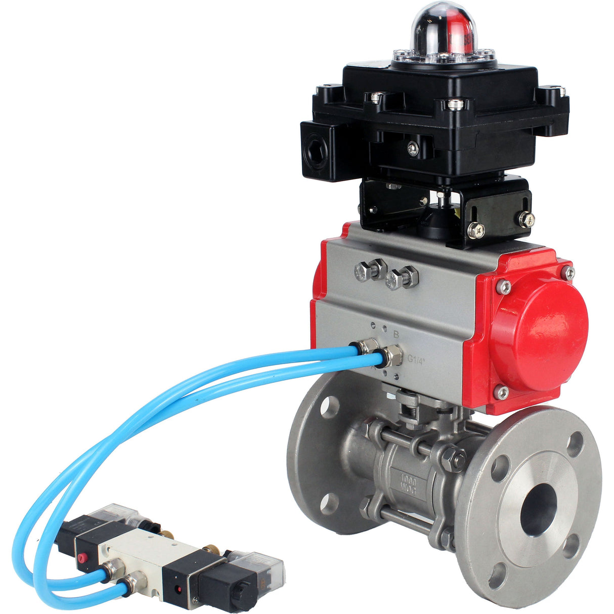 Ball valves Elephant BV3232P(3pc)-FP-F-ISO-H 16 bar, three-piece full bore flanged, stainless steel SS304, seal - PTFE, with double-acting PA-DA pneumatic actuator, with pneumatic distributor 4V320-10 220V, with LSU APL-410N EX