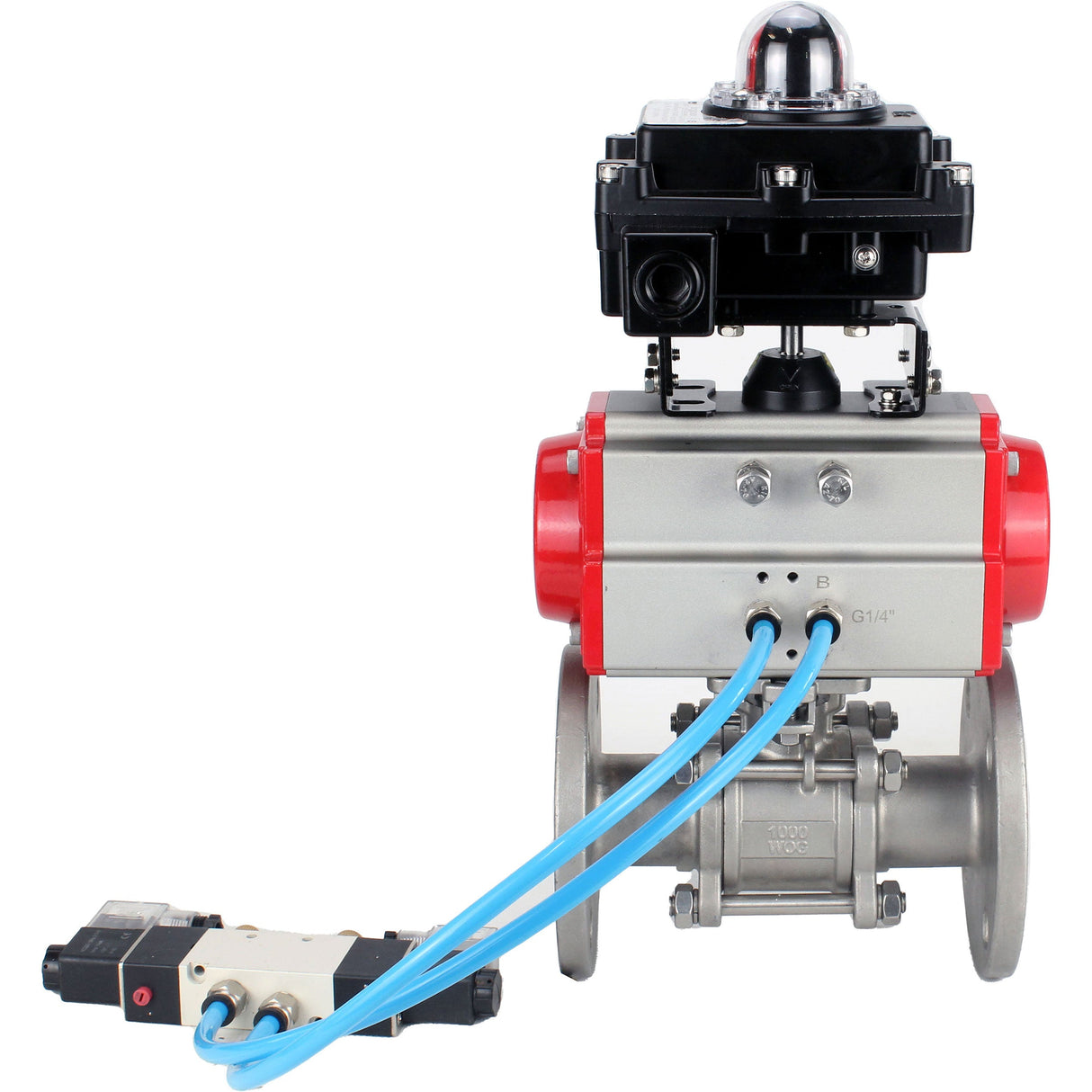 Ball valves Elephant BV3131P(3pc)-FP-F-ISO-H 16 bar, three-piece full bore flanged, stainless steel SS304, seal - PTFE, with double-acting PA-DA pneumatic actuator, with pneumatic distributor 4V320-10 220V, with LSU APL-410N EX