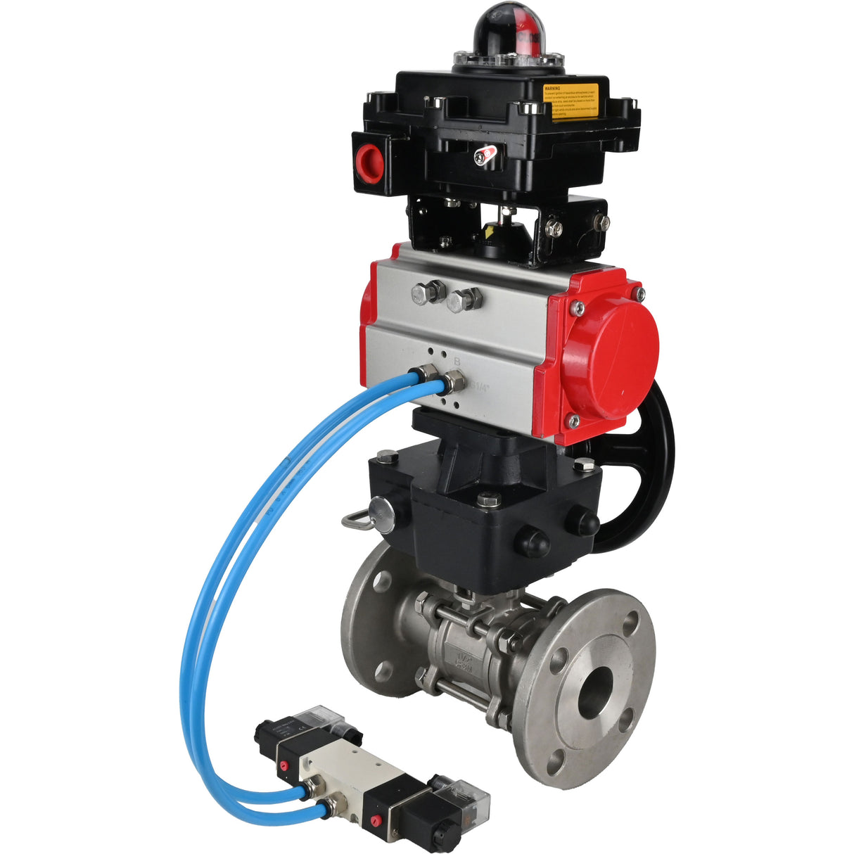 Ball valves Elephant BV3131P(3pc)-FP-F-ISO-H DN15-40 16 bar, three-piece full bore flanged, stainless steel SS304, PTFE, with pneumatic drive PA-DA, with pneumatic distributor 4V320-08 220V, with LSU APL-410N EX , manual Doubler MON1-250-T26-ISO