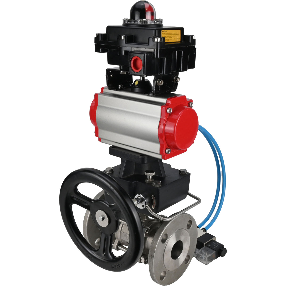 Ball valves Elephant BV3131P(3pc)-FP-F-ISO-H DN15-40 16 bar, three-piece full bore flanged, stainless steel SS304, PTFE, with pneumatic drive PA-DA, with pneumatic distributor 4V320-08 220V, with LSU APL-410N EX , manual Doubler MON1-250-T26-ISO