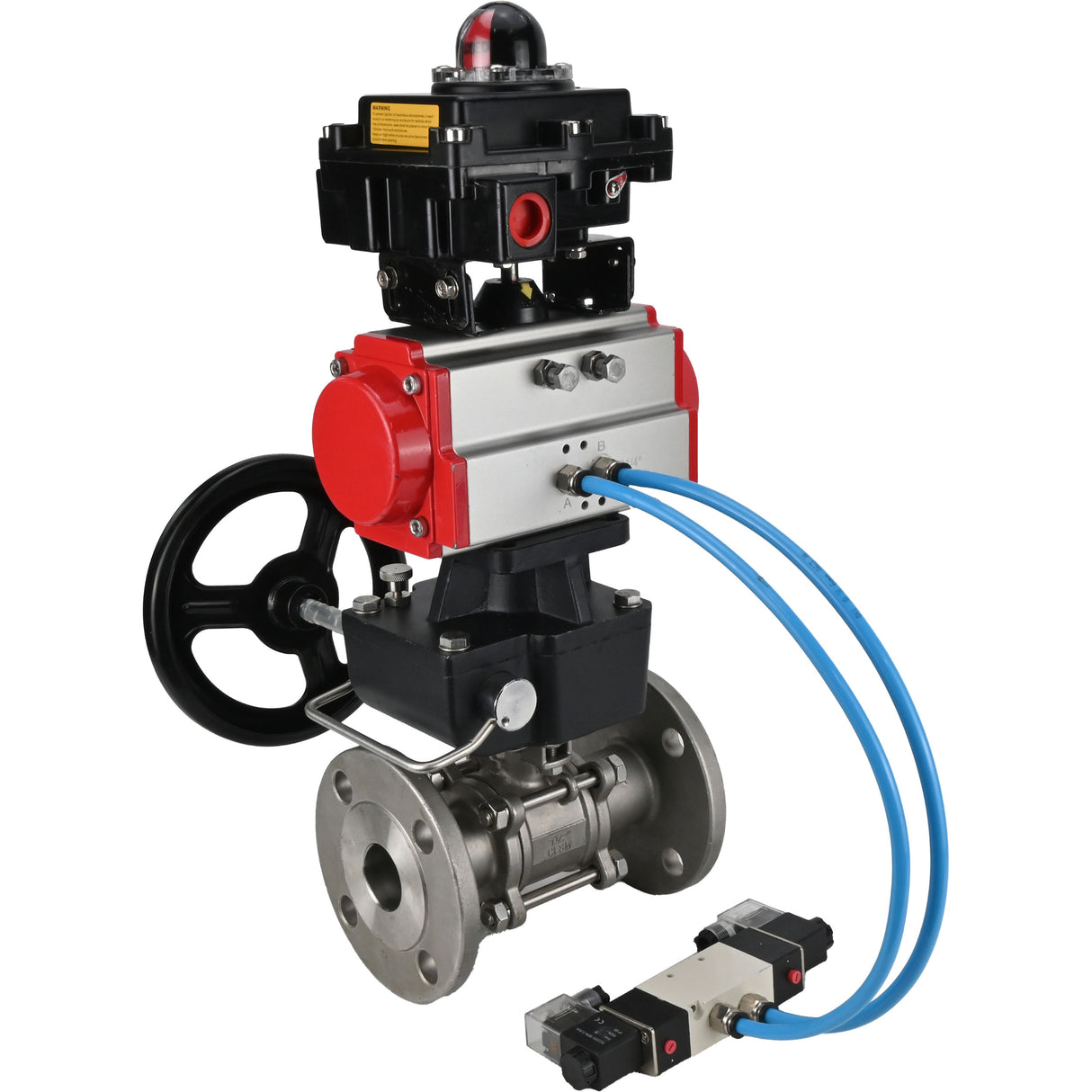 Ball valves Elephant BV3131P(3pc)-FP-F-ISO-H DN15-40 16 bar, three-piece full bore flanged, stainless steel SS304, PTFE, with pneumatic drive PA-DA, with pneumatic distributor 4V320-08 220V, with LSU APL-410N EX , manual Doubler MON1-250-T26-ISO