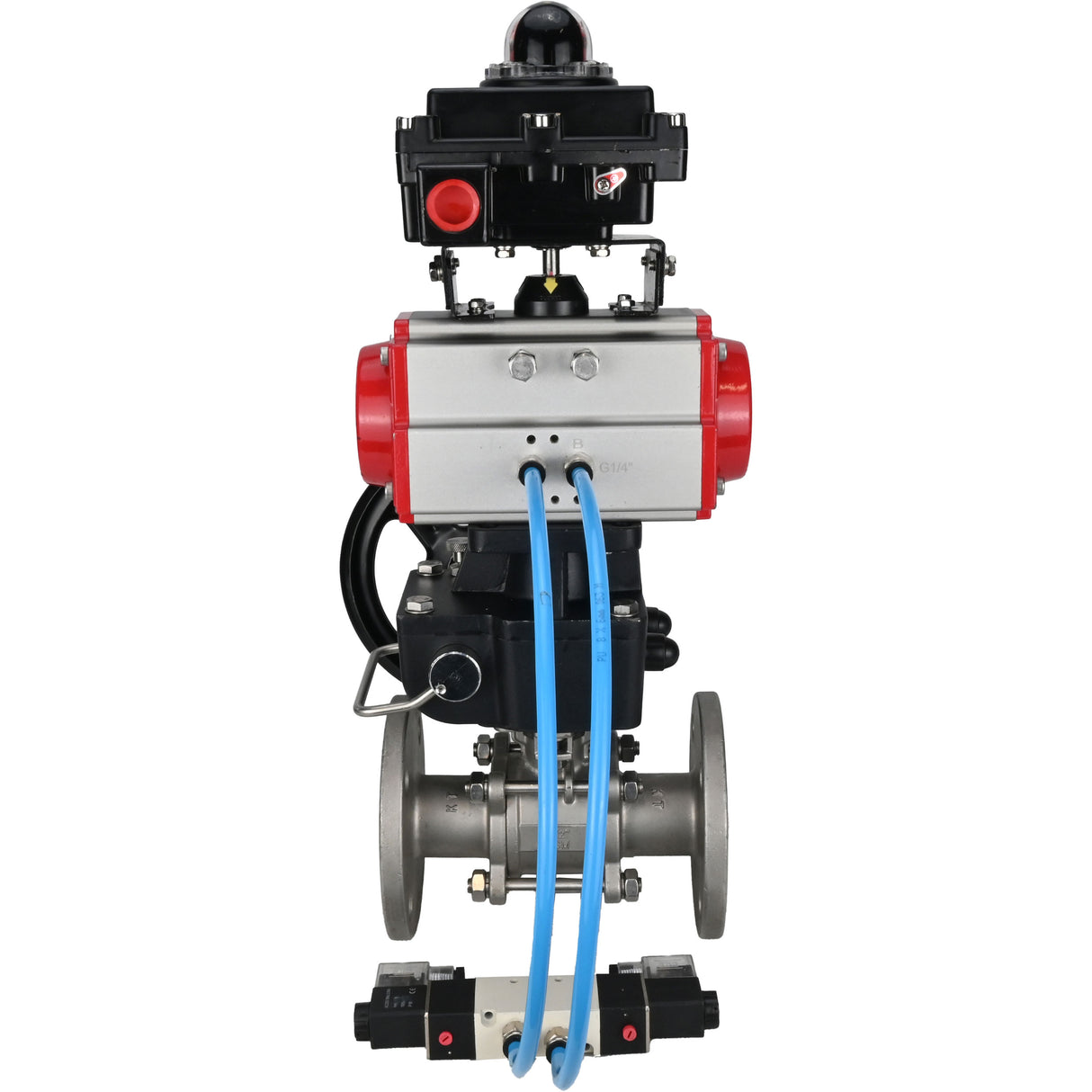 Ball valves Elephant BV3131P(3pc)-FP-F-ISO-H DN15-40 16 bar, three-piece full bore flanged, stainless steel SS304, PTFE, with pneumatic drive PA-DA, with pneumatic distributor 4V320-08 220V, with LSU APL-410N EX , manual Doubler MON1-250-T26-ISO