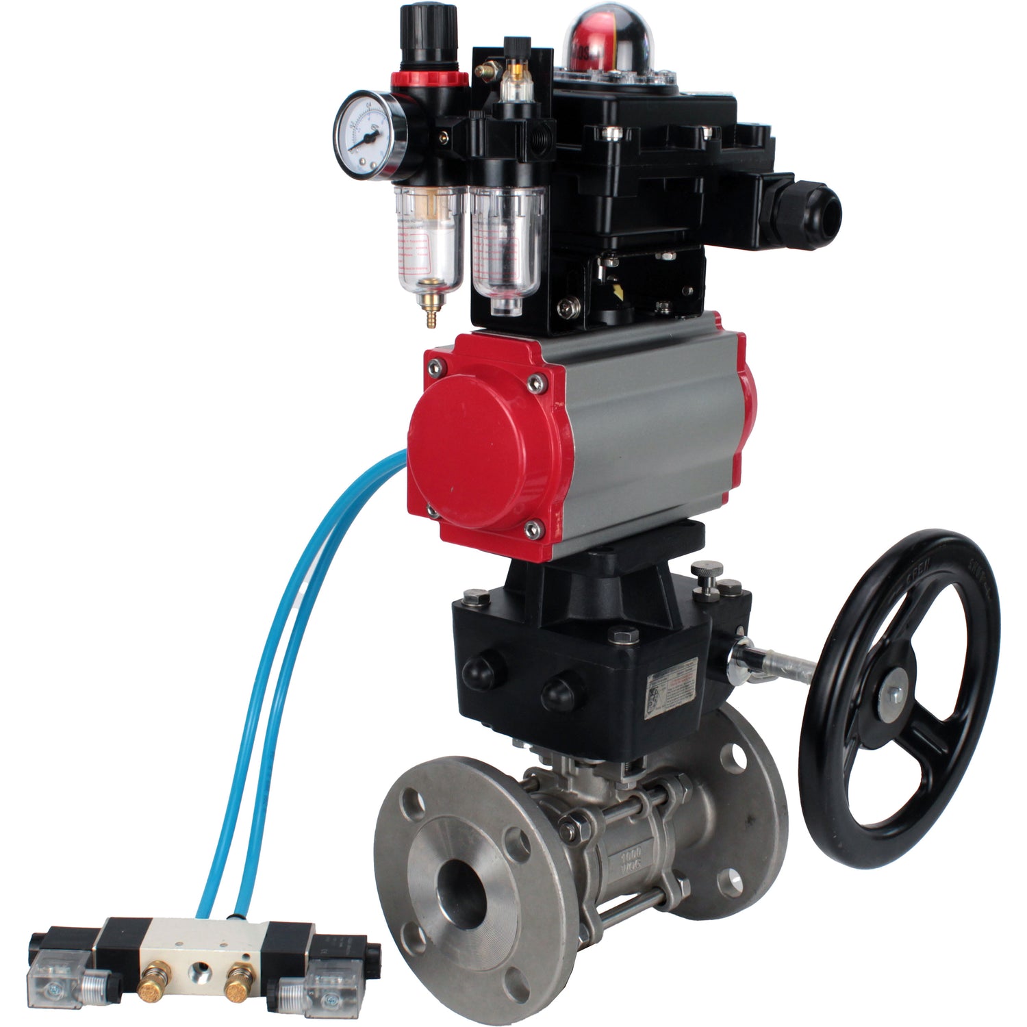 Ball valves Elephant BV3131P(3pc)-FP-F-ISO-H,  body material - Stainless steel AISI 304, seal - PTFE / PTFE / Teflon, with pneumatic actuator double action PA-DA, 4V320-10 220V, LSU APL-410N Ex, handwheel MON, ATU AFC2000