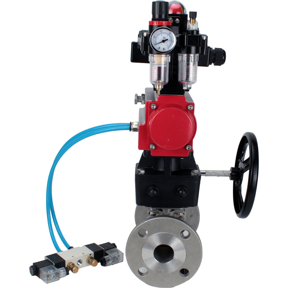 Ball valves Elephant BV3131P(3pc)-FP-F-ISO-H,  body material - Stainless steel AISI 304, seal - PTFE / PTFE / Teflon, with pneumatic actuator double action PA-DA, 4V320-10 220V, LSU APL-410N Ex, handwheel MON, ATU AFC2000