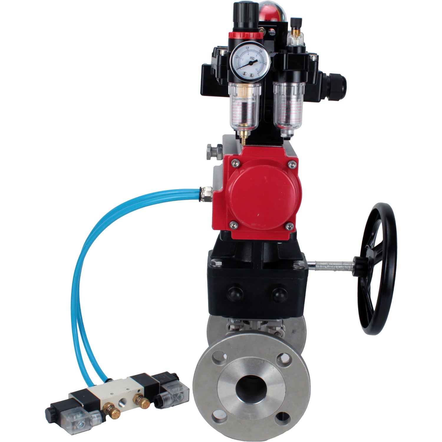 Ball valves Elephant BV3131P(3pc)-FP-F-ISO-H,  body material - Stainless steel AISI 304, seal - PTFE / PTFE / Teflon, with pneumatic actuator double action PA-DA, 4V320-10 220V, LSU APL-410N Ex, handwheel MON, ATU AFC2000