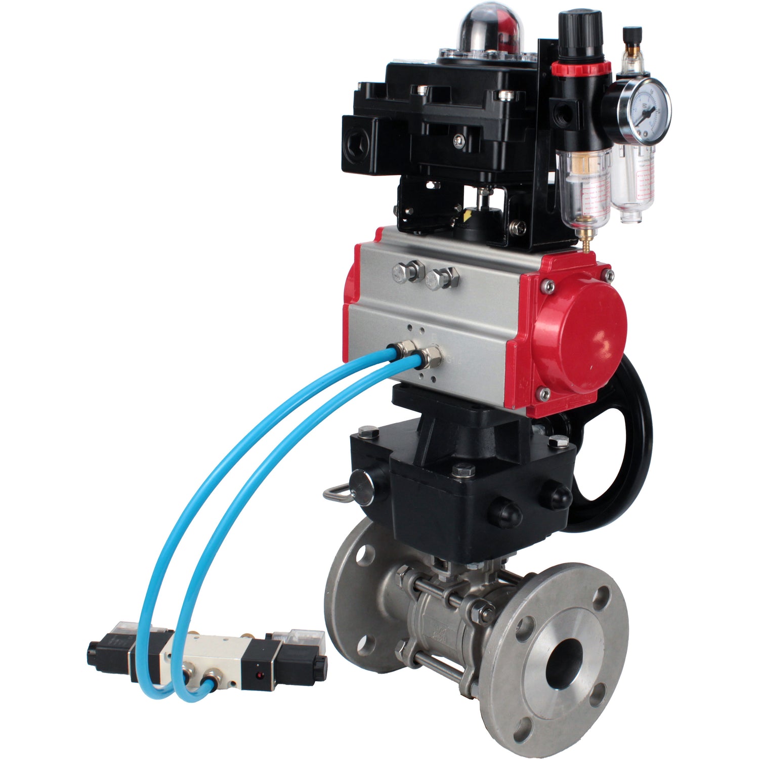 Ball valves Elephant BV3131P(3pc)-FP-F-ISO-H,  body material - Stainless steel AISI 304, seal - PTFE / PTFE / Teflon, with pneumatic actuator double action PA-DA, 4V320-10 220V, LSU APL-410N Ex, handwheel MON, ATU AFC2000