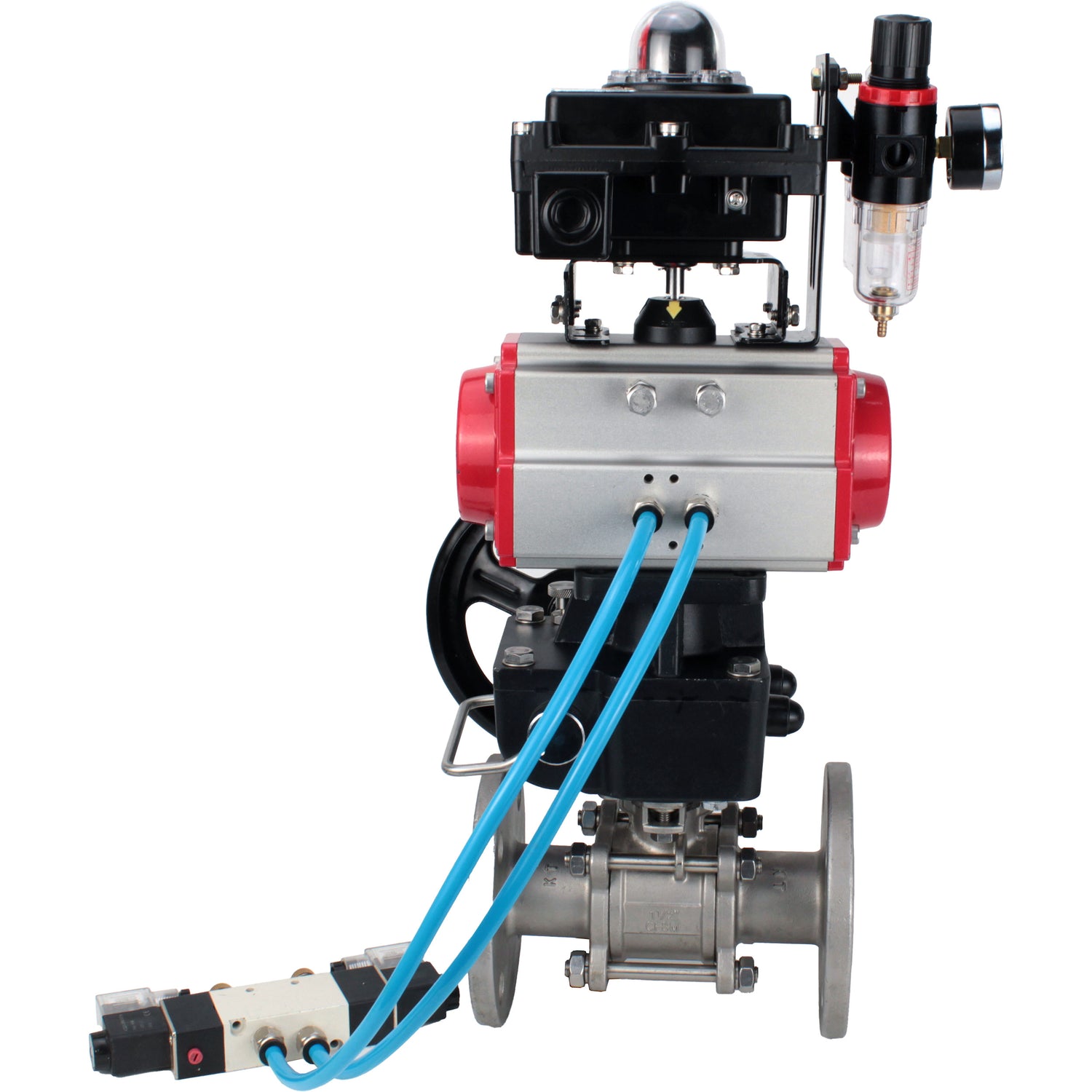 Ball valves Elephant BV3131P(3pc)-FP-F-ISO-H,  body material - Stainless steel AISI 304, seal - PTFE / PTFE / Teflon, with pneumatic actuator double action PA-DA, 4V320-10 220V, LSU APL-410N Ex, handwheel MON, ATU AFC2000