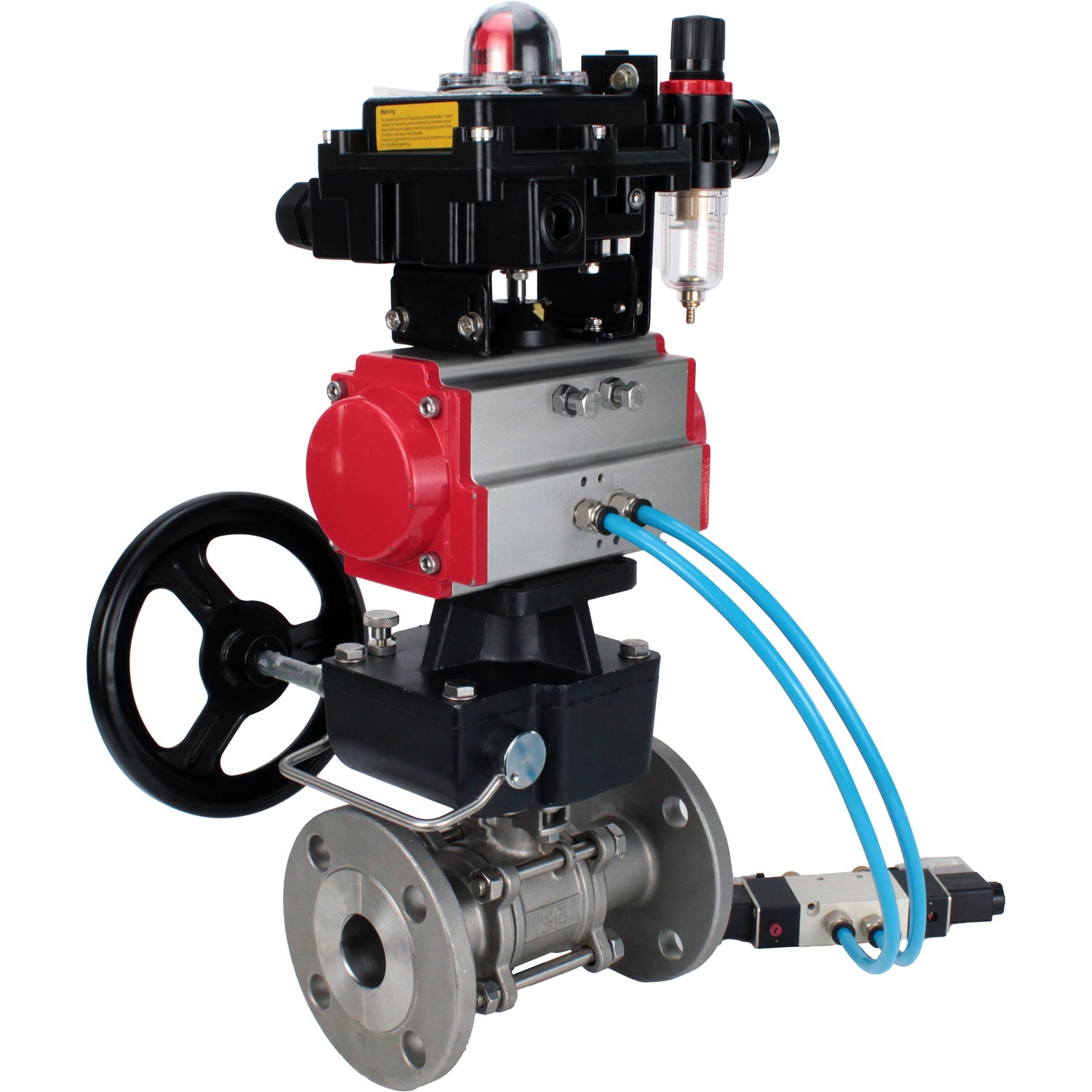 Ball valves Elephant BV3131P(3pc)-FP-F-ISO-H,  body material - Stainless steel AISI 304, seal - PTFE / PTFE / Teflon, with pneumatic actuator double action PA-DA, 4V320-10 220V, LSU APL-410N Ex, handwheel MON, ATU AFC2000