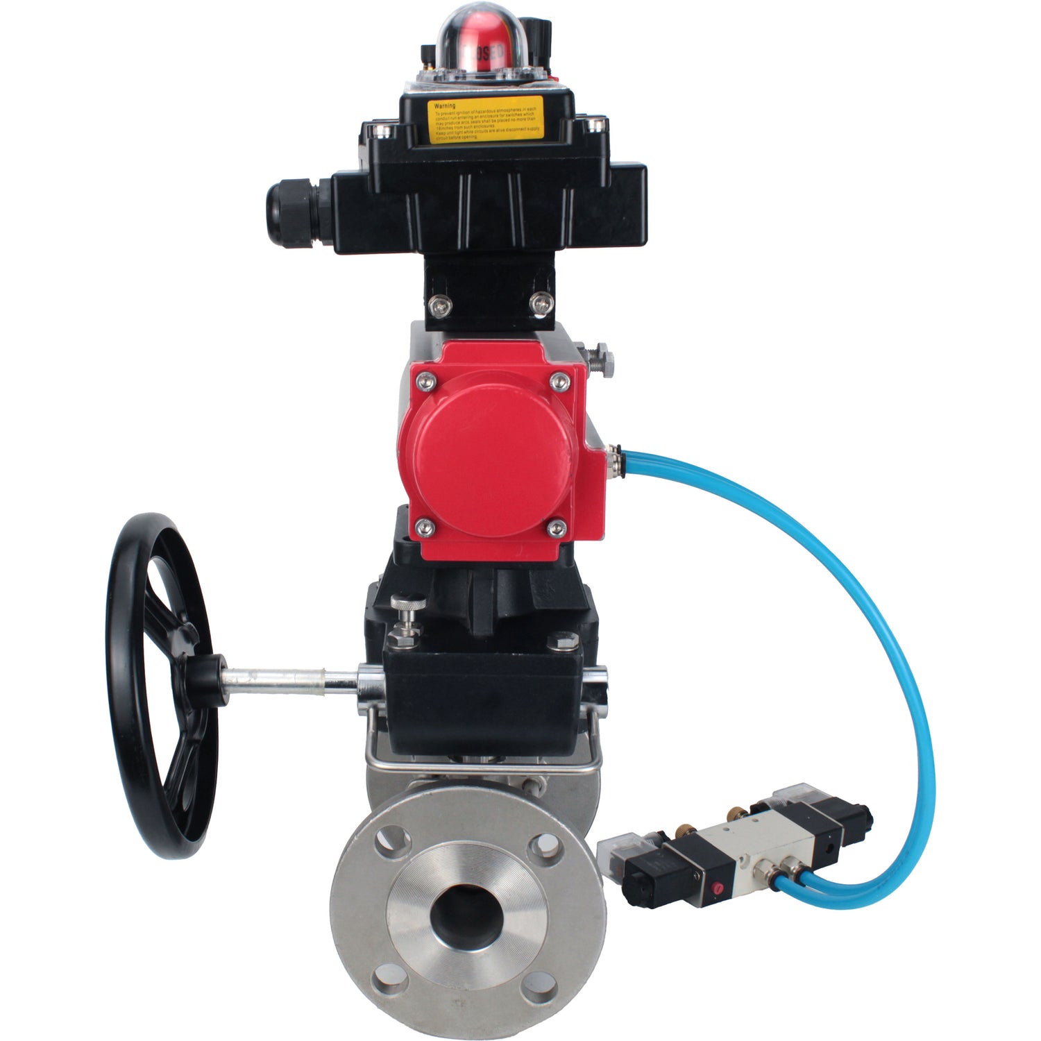 Ball valves Elephant BV3131P(3pc)-FP-F-ISO-H,  body material - Stainless steel AISI 304, seal - PTFE / PTFE / Teflon, with pneumatic actuator double action PA-DA, 4V320-10 220V, LSU APL-410N Ex, handwheel MON, ATU AFC2000