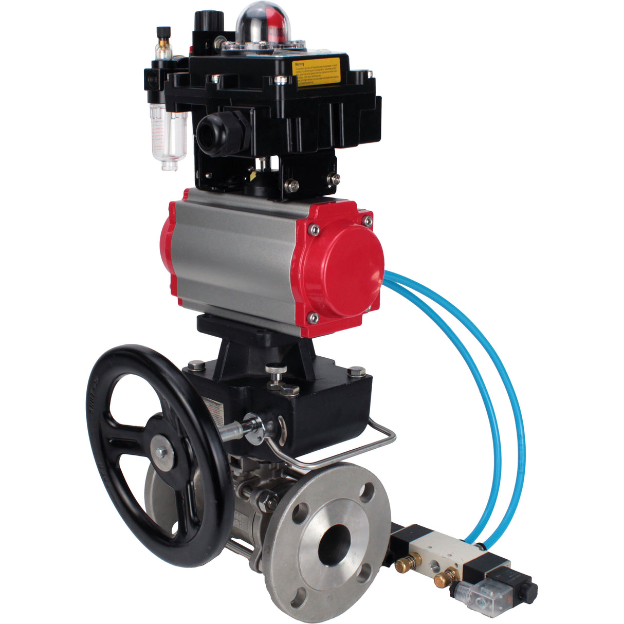 Ball valves Elephant BV3131P(3pc)-FP-F-ISO-H,  body material - Stainless steel AISI 304, seal - PTFE / PTFE / Teflon, with pneumatic actuator double action PA-DA, 4V320-10 220V, LSU APL-410N Ex, handwheel MON, ATU AFC2000