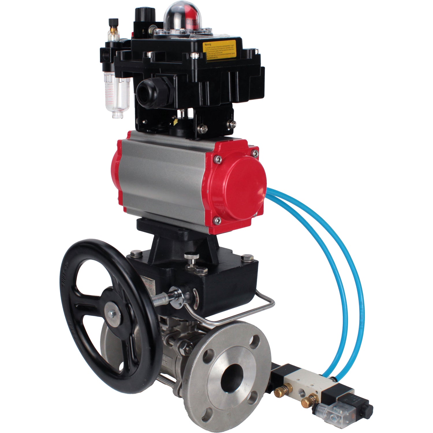Ball valves Elephant BV3131P(3pc)-FP-F-ISO-H,  body material - Stainless steel AISI 304, seal - PTFE / PTFE / Teflon, with pneumatic actuator double action PA-DA, 4V320-10 220V, LSU APL-410N Ex, handwheel MON, ATU AFC2000
