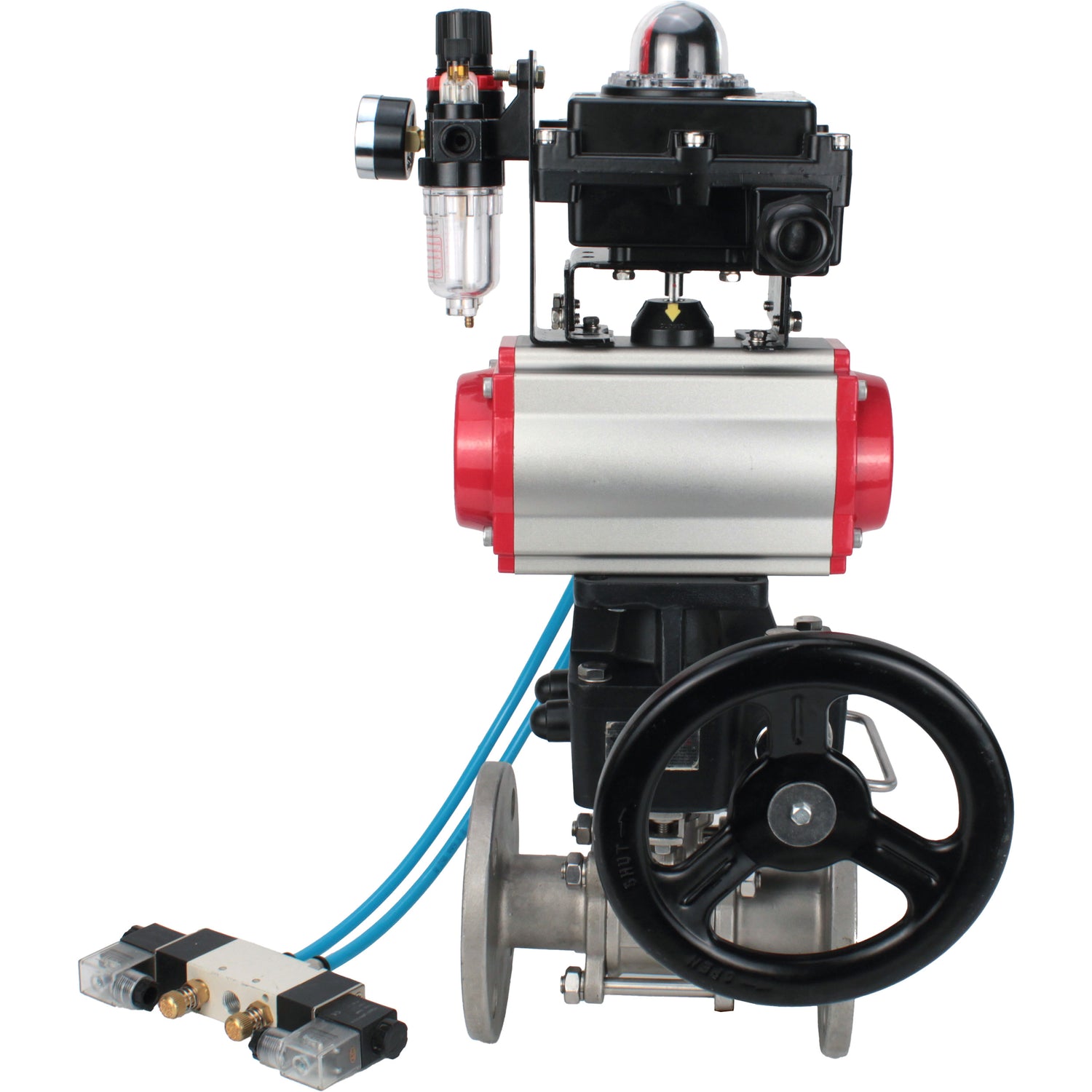 Ball valves Elephant BV3131P(3pc)-FP-F-ISO-H,  body material - Stainless steel AISI 304, seal - PTFE / PTFE / Teflon, with pneumatic actuator double action PA-DA, 4V320-10 220V, LSU APL-410N Ex, handwheel MON, ATU AFC2000