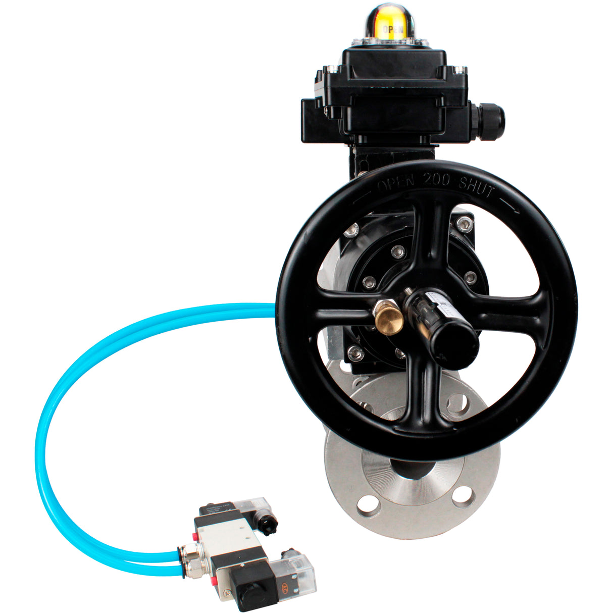 Ball valves Elephant BV3131P(3pc)-FP-F-ISO-H DN65-80 16 bar, three-piece full bore flanged, stainless steel SS304, seal - PTFE, with pneumatic actuator PA-DA-105-1 double acting, with pneumatic distributor 4V320-10 220V, with LSU APL-410N EX