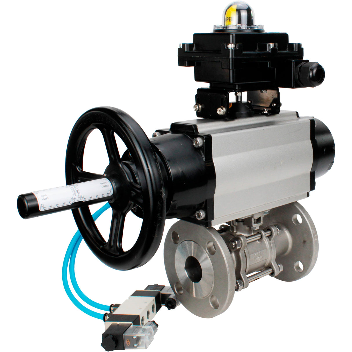 Ball valves Elephant BV3232P(3pc)-FP-F-ISO-H DN65-80 16 bar, three-piece full bore flanged, stainless steel SS304, seal - PTFE, with pneumatic actuator PA-DA-105-1 double acting, with pneumatic distributor 4V320-08 220V, with LSU APL-410N EX