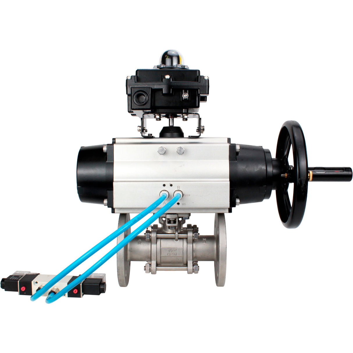 Ball valves Elephant BV3232P(3pc)-FP-F-ISO-H DN65-80 16 bar, three-piece full bore flanged, stainless steel SS304, seal - PTFE, with pneumatic actuator PA-DA-105-1 double acting, with pneumatic distributor 4V320-08 220V, with LSU APL-410N EX