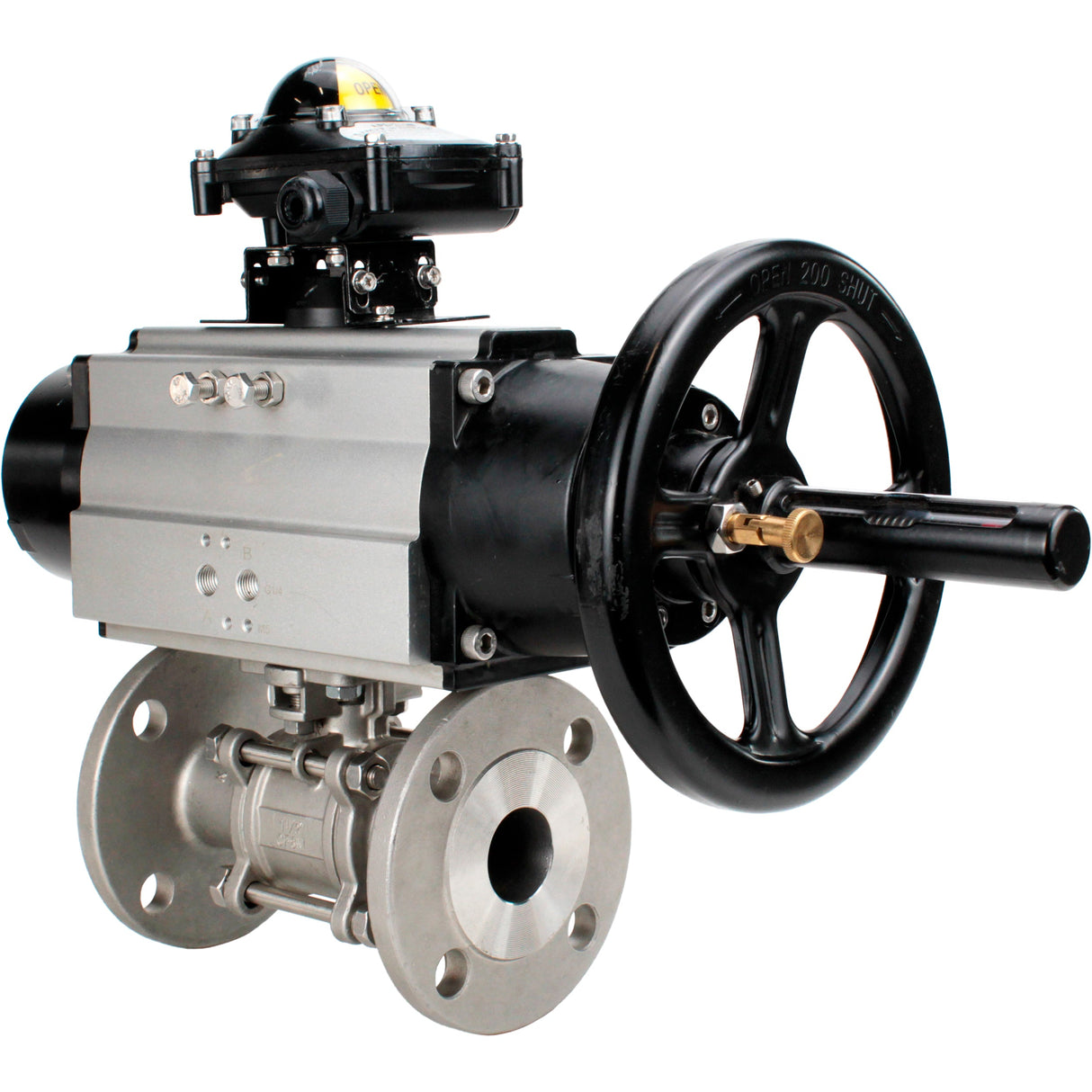 Ball valves Elephant BV3232P(3pc)-FP-F-ISO-H DN65-80 16 bar three-piece full bore flanged, body - stainless steel SS304, seal - PTFE, with pneumatic actuator Elephant PA-DA and LSU APL-210N