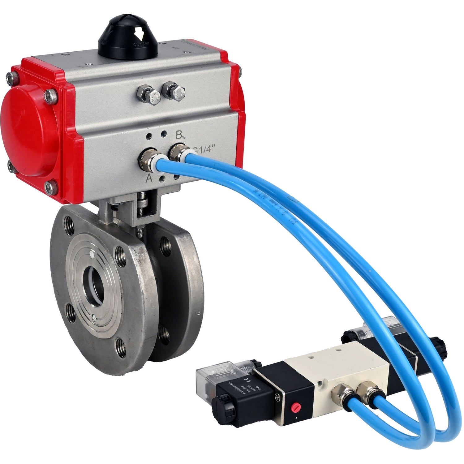 Ball valves Elephant BV3232P-FP-Fb-ISO-H 16 bar, full bore wafer, stainless steel SS316, seal - PTFE, with double-acting PA-DA pneumatic actuator, with pneumatic distributor 4V320-08 220V
