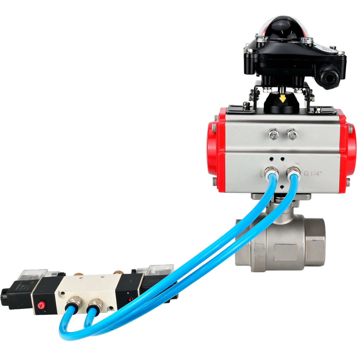 Ball valves Elephant BV3232P(2pc)-FP-T-ISO-H 16 bar, full bore coupling, stainless steel SS316, seal - PTFE, with double-acting PA-DA pneumatic actuator, with pneumatic distributor 4V320-10 220V, with LSU APL -210N