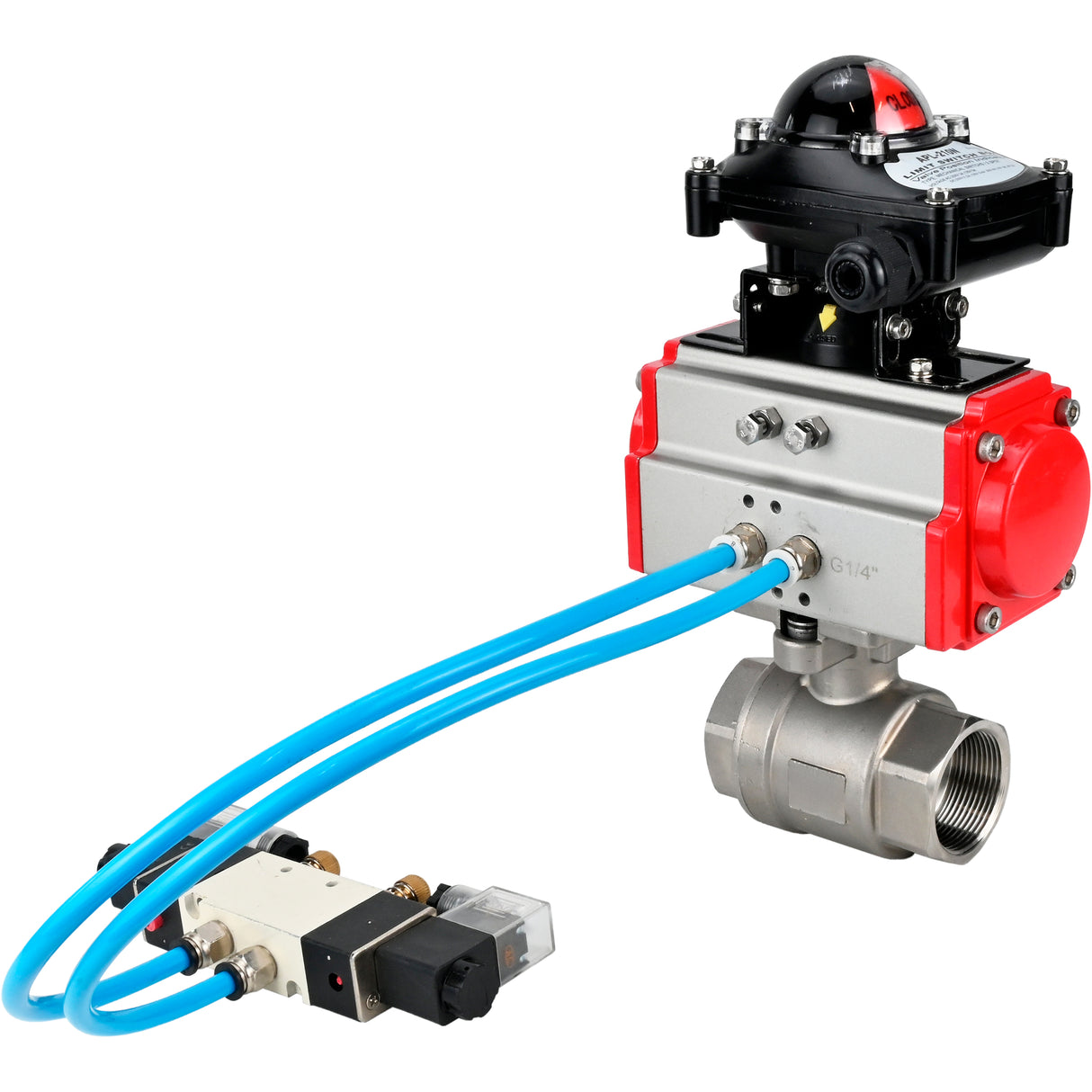 Ball valves Elephant BV3232P(2pc)-FP-T-ISO-H 16 bar, full bore coupling, stainless steel SS316, seal - PTFE, with double-acting PA-DA pneumatic actuator, with pneumatic distributor 4V320-10 220V, with LSU APL -210N