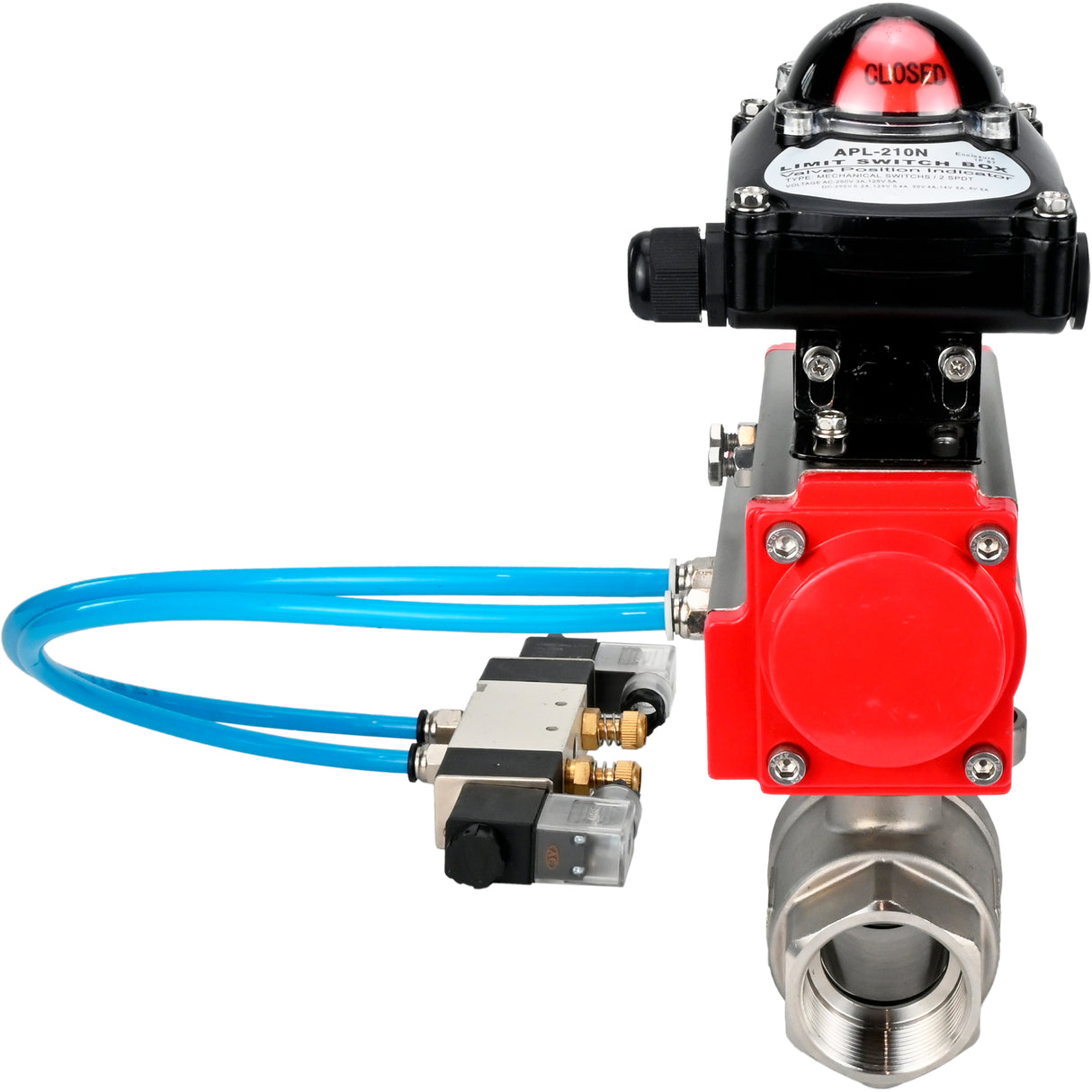 Ball valves Elephant BV3232P(2pc)-FP-T-ISO-H 16 bar, full bore coupling, stainless steel SS316, seal - PTFE, with double-acting PA-DA pneumatic actuator, with pneumatic distributor 4V320-10 220V, with LSU APL -210N