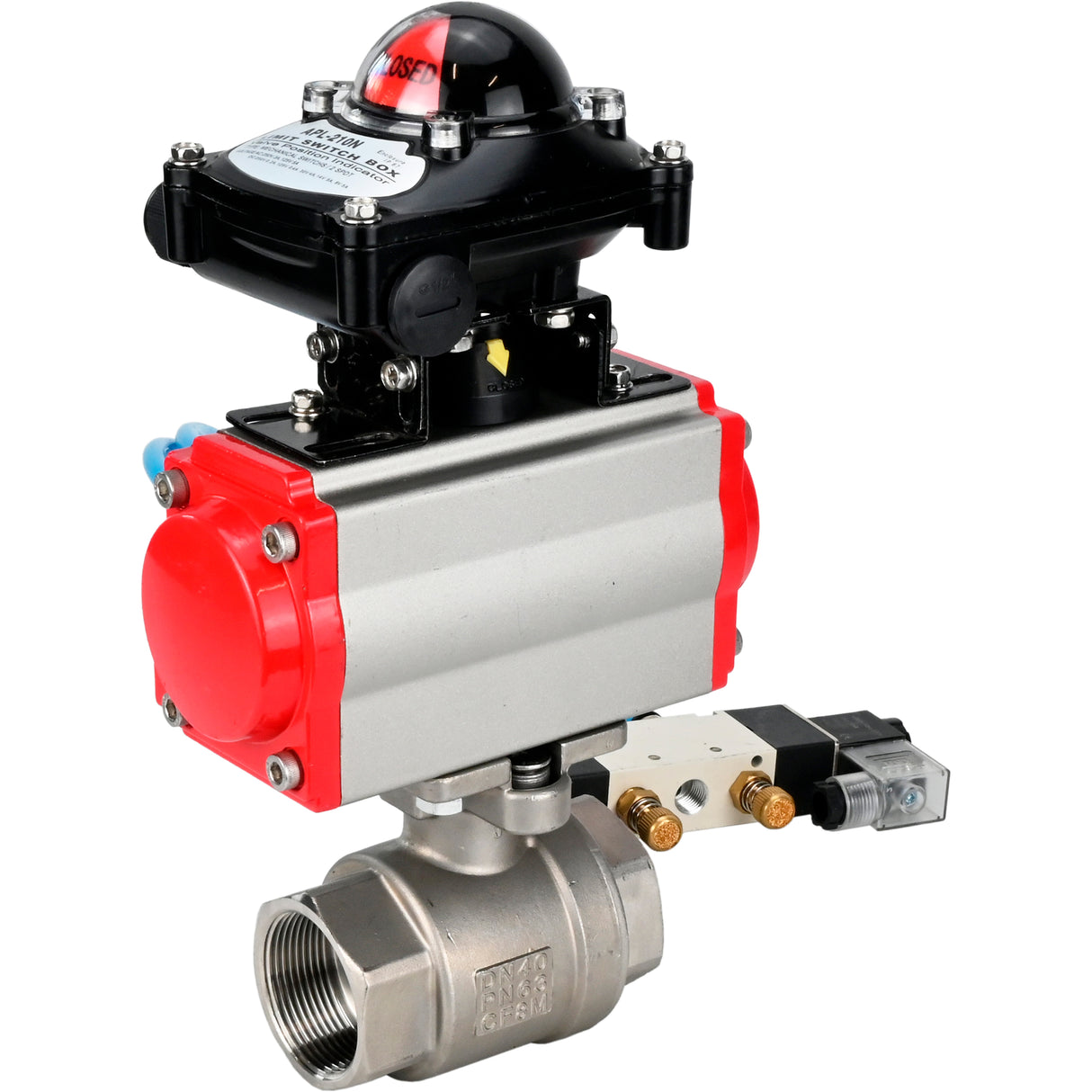 Ball valves Elephant BV3232P(2pc)-FP-T-ISO-H 16 bar, full bore coupling, stainless steel SS316, seal - PTFE, with double-acting PA-DA pneumatic actuator, with pneumatic distributor 4V320-10 220V, with LSU APL -210N