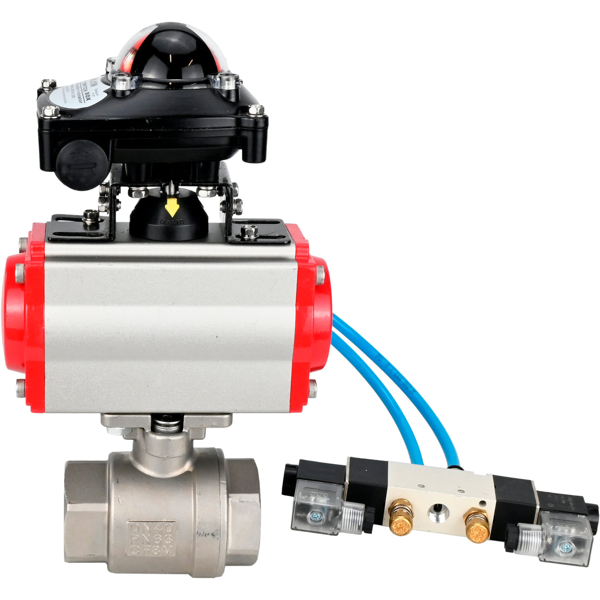Ball valves Elephant BV3232P(2pc)-FP-T-ISO-H 16 bar, full bore coupling, stainless steel SS316, seal - PTFE, with double-acting PA-DA pneumatic actuator, with pneumatic distributor 4V320-10 220V, with LSU APL -210N