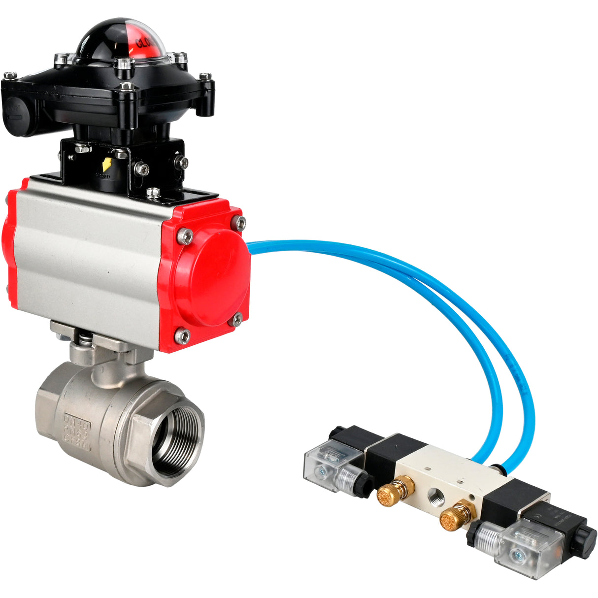 Ball valves Elephant BV3232P(2pc)-FP-T-ISO-H 16 bar, full bore coupling, stainless steel SS316, seal - PTFE, with double-acting PA-DA pneumatic actuator, with pneumatic distributor 4V320-10 220V, with LSU APL -210N
