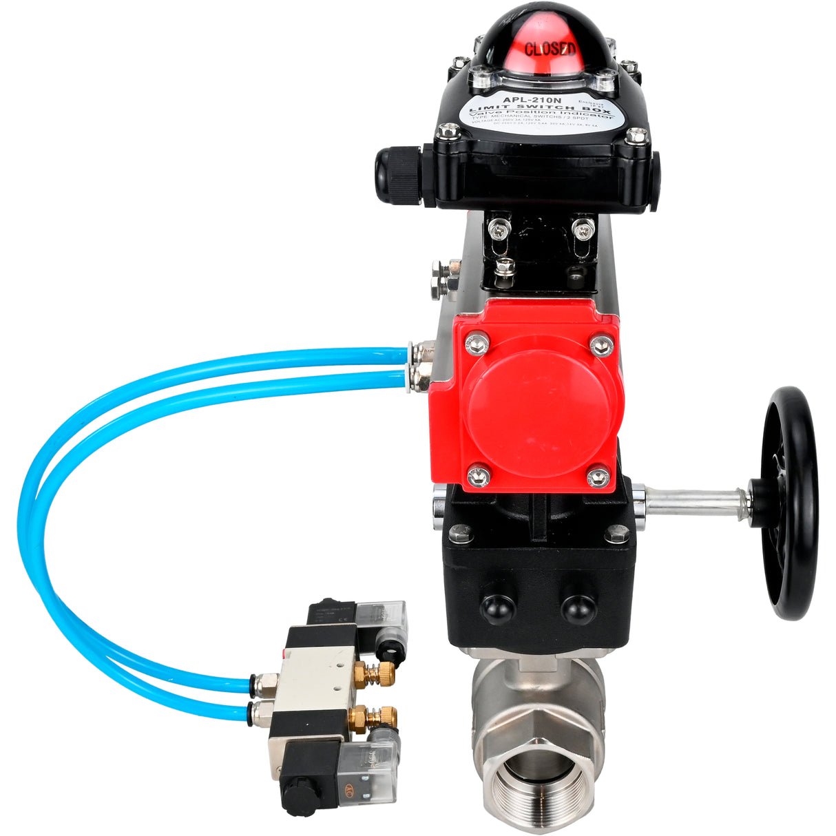 Ball valves Elephant BV3232P(2pc)-FP-T-ISO-H DN10-50 16 bar, full bore coupling, stainless steel SS316, seal - PTFE, with double-acting PA-DA pneumatic actuator, with pneumatic distributor 4V320-08 220V, with LSU APL -210N, with manual Doubler MON1-250-T2