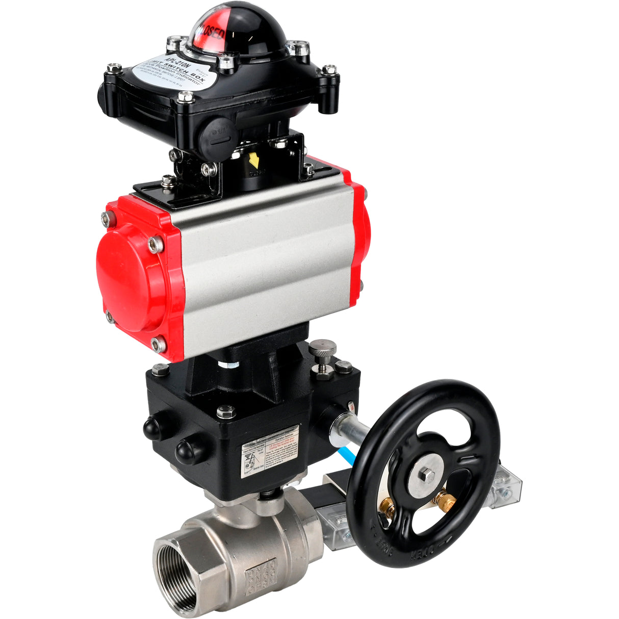 Ball valves Elephant BV3232P(2pc)-FP-T-ISO-H DN10-50 16 bar, full bore coupling, stainless steel SS316, seal - PTFE, with double-acting PA-DA pneumatic actuator, with pneumatic distributor 4V320-08 220V, with LSU APL -210N, with manual Doubler MON1-250-T2