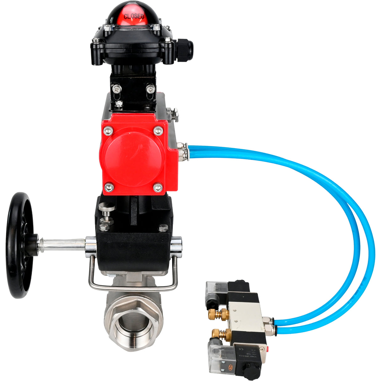 Ball valves Elephant BV3232P(2pc)-FP-T-ISO-H DN10-50 16 bar, full bore coupling, stainless steel SS316, seal - PTFE, with double-acting PA-DA pneumatic actuator, with pneumatic distributor 4V320-08 220V, with LSU APL -210N, with manual Doubler MON1-250-T2