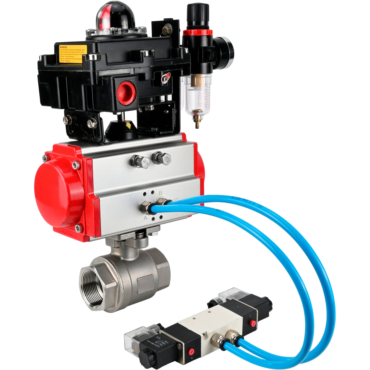 Ball valves Elephant BV3232P(2pc)-FP-T-ISO-H 16 bar, full bore coupling, stainless steel SS316, seal - PTFE, with double-acting PA-DA pneumatic actuator, with pneumatic distributor 4V320-08 220V, with LSU APL -410N EX, with ATU AFC2000