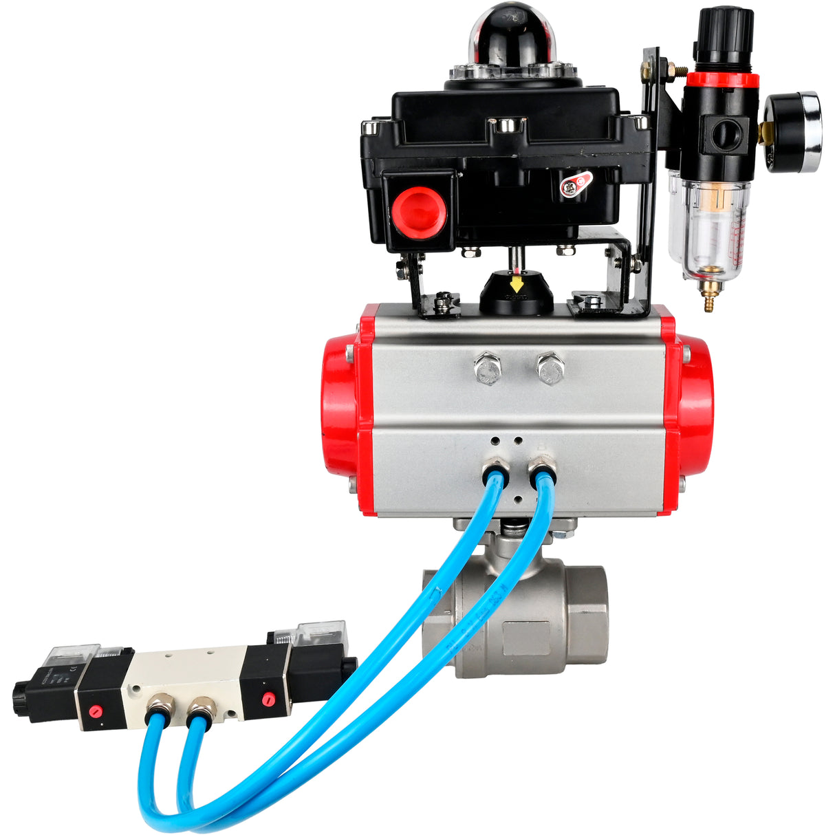 Ball valves Elephant BV3232P(2pc)-FP-T-ISO-H 16 bar, full bore coupling, stainless steel SS316, seal - PTFE, with double-acting PA-DA pneumatic actuator, with pneumatic distributor 4V320-08 220V, with LSU APL -410N EX, with ATU AFC2000