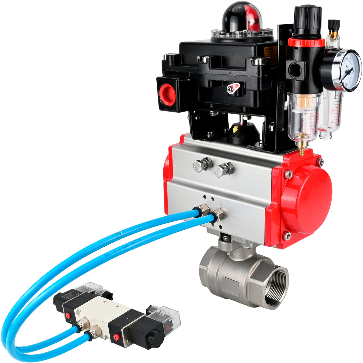 Ball valves Elephant BV3232P(2pc)-FP-T-ISO-H 16 bar, full bore coupling, stainless steel SS316, seal - PTFE, with double-acting PA-DA pneumatic actuator, with pneumatic distributor 4V320-08 220V, with LSU APL -410N EX, with ATU AFC2000