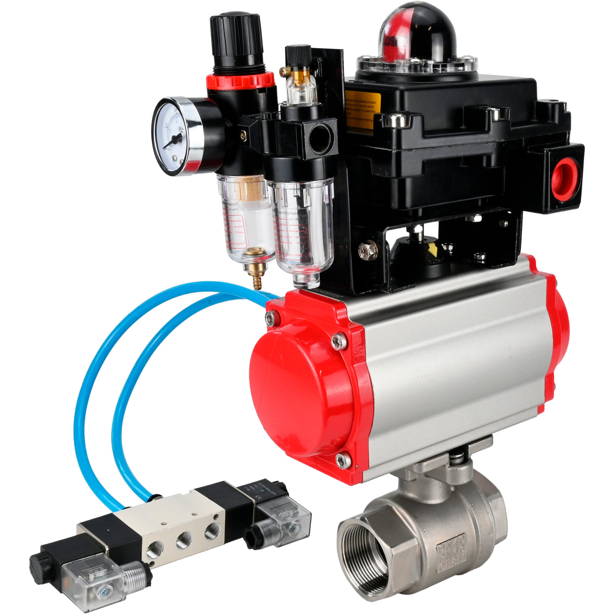 Ball valves Elephant BV3232P(2pc)-FP-T-ISO-H 16 bar, full bore coupling, stainless steel SS316, seal - PTFE, with double-acting PA-DA pneumatic actuator, with pneumatic distributor 4V320-08 220V, with LSU APL -410N EX, with ATU AFC2000