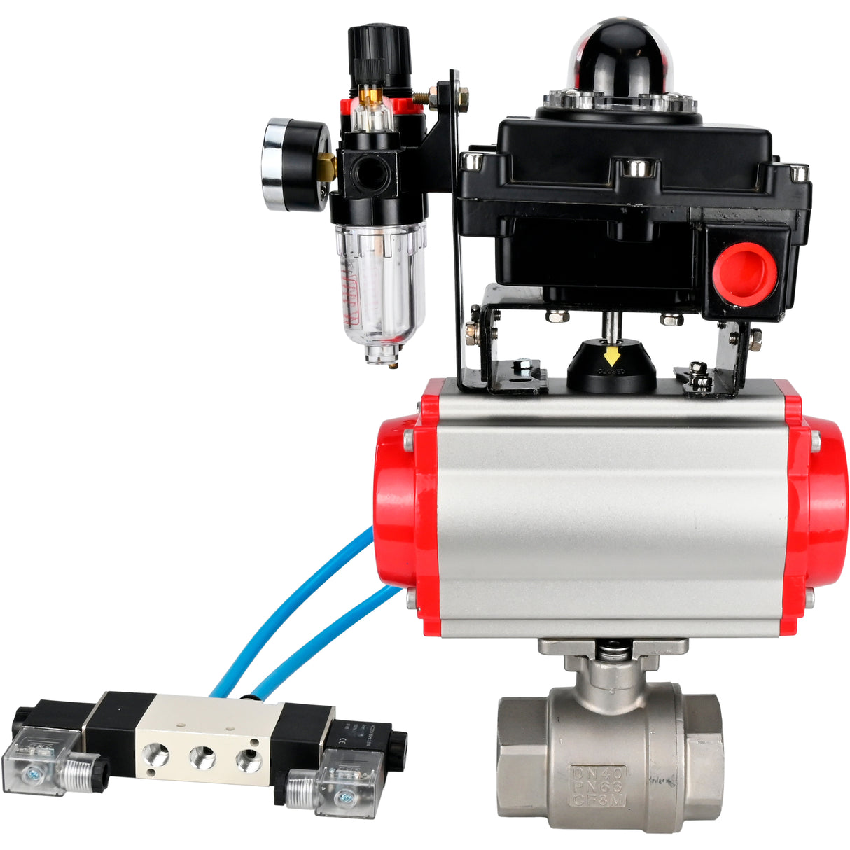 Ball valves Elephant BV3232P(2pc)-FP-T-ISO-H 16 bar, full bore coupling, stainless steel SS316, seal - PTFE, with double-acting PA-DA pneumatic actuator, with pneumatic distributor 4V320-08 220V, with LSU APL -410N EX, with ATU AFC2000