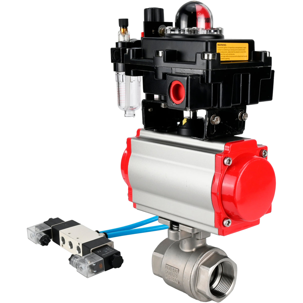 Ball valves Elephant BV3232P(2pc)-FP-T-ISO-H 16 bar, full bore coupling, stainless steel SS316, seal - PTFE, with double-acting PA-DA pneumatic actuator, with pneumatic distributor 4V320-08 220V, with LSU APL -410N EX, with ATU AFC2000