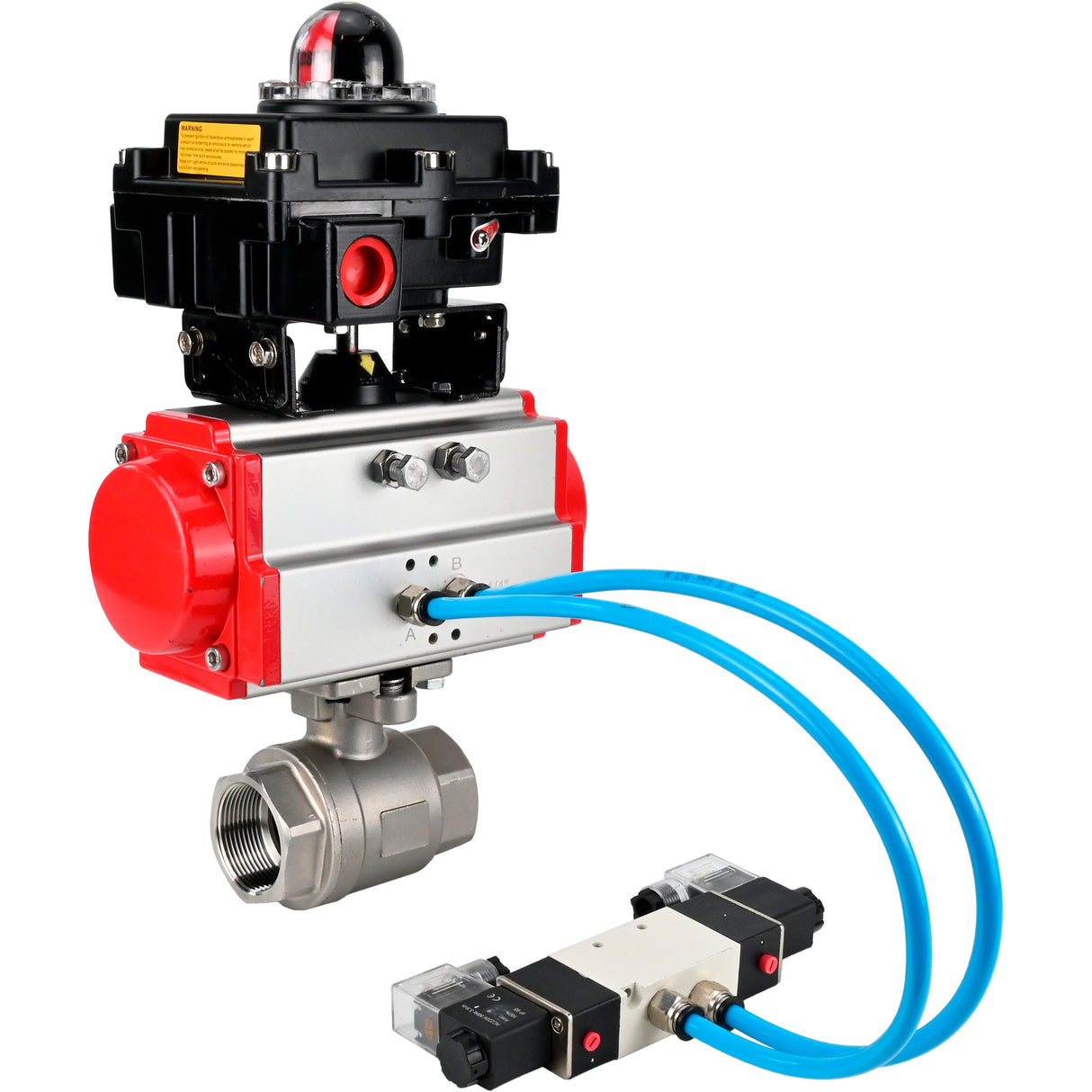 Ball valves Elephant BV3232P(2pc)-FP-T-ISO-H 16 bar, full bore coupling, stainless steel SS316, seal - PTFE, with double-acting PA-DA pneumatic actuator, with pneumatic distributor 4V320-08 220V, with LSU APL -410N EX
